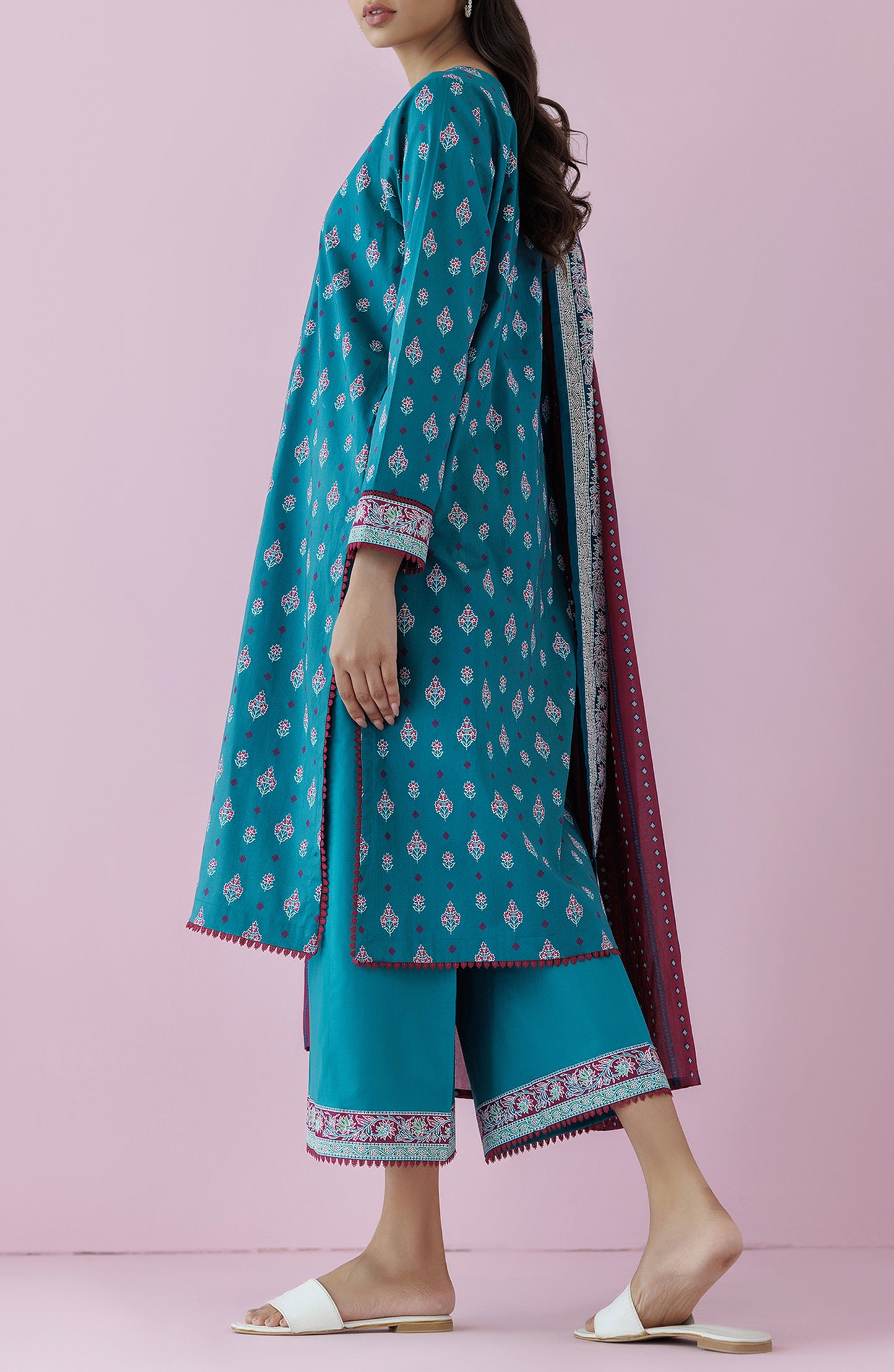 Stitched 3 Piece Premium Printed Casual Lawn Shirt , Cambric Pant and Lawn Dupatta (OTL-24-352/S TEAL)