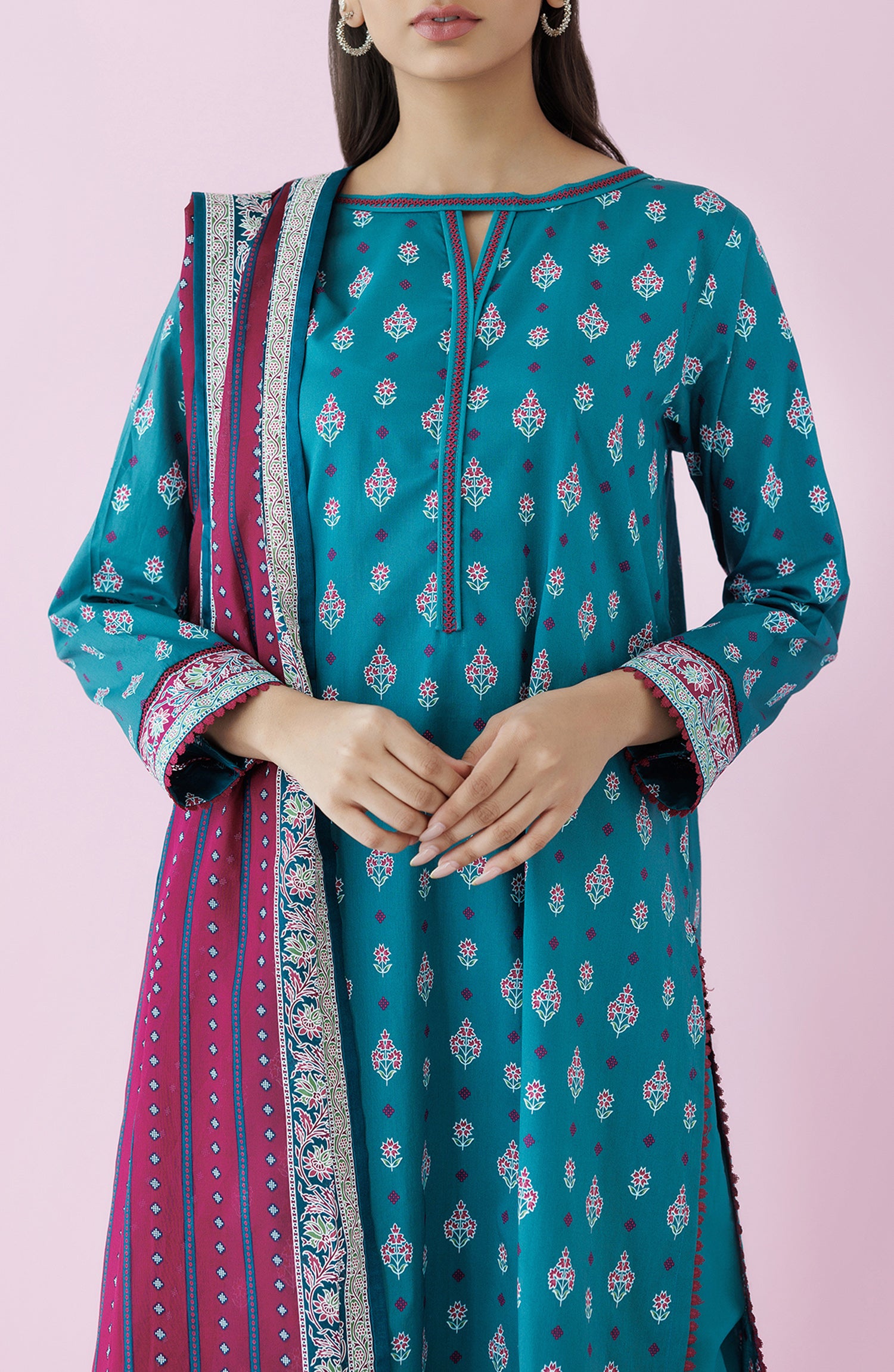 Stitched 3 Piece Premium Printed Casual Lawn Shirt , Cambric Pant and Lawn Dupatta (OTL-24-352/S TEAL)