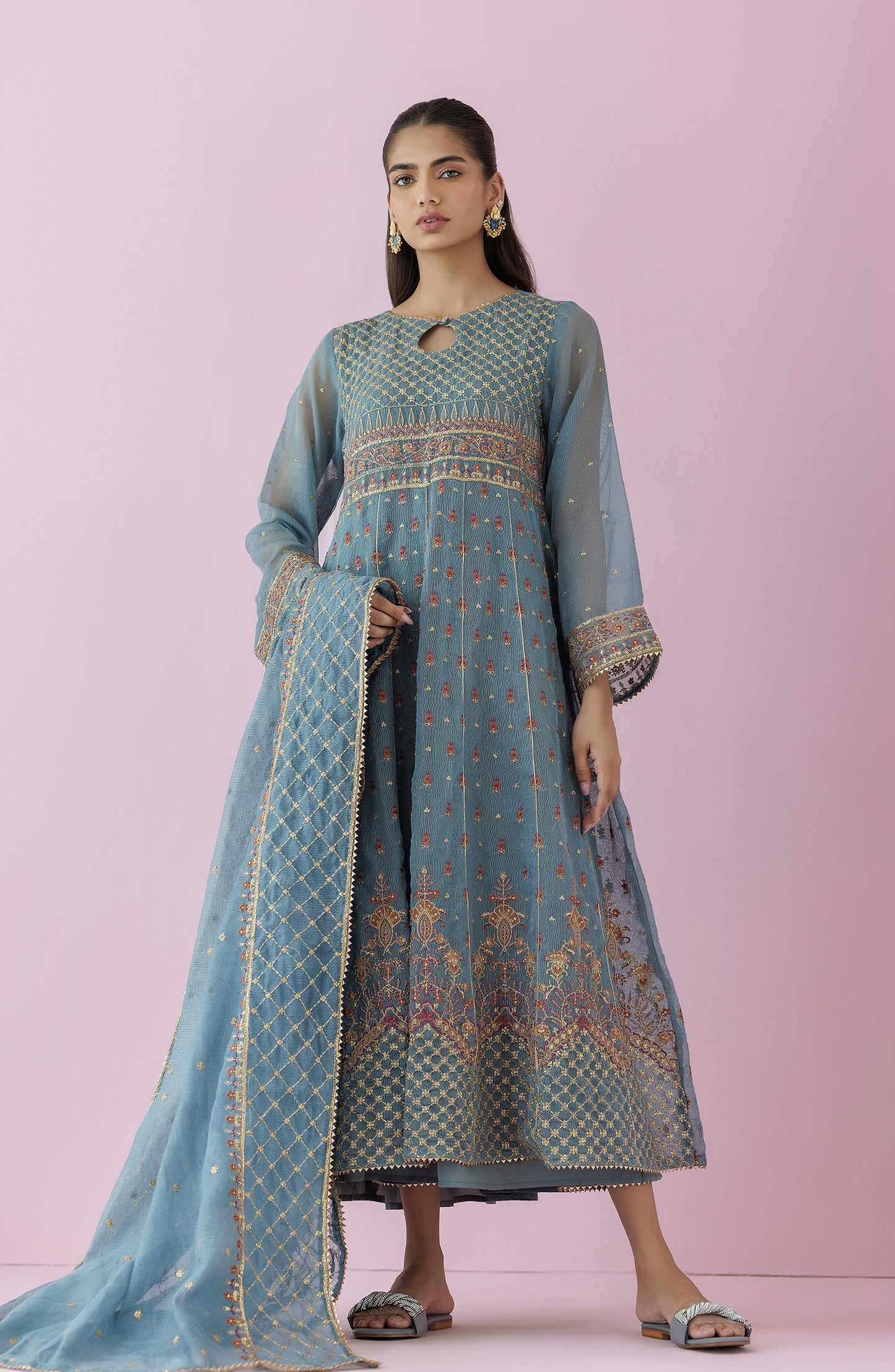 Stitched 3 Piece Embroidered Khaddi Net Shirt , Raw Silk Pant and Khaddi Net Dupatta (WRFK24S-3004)