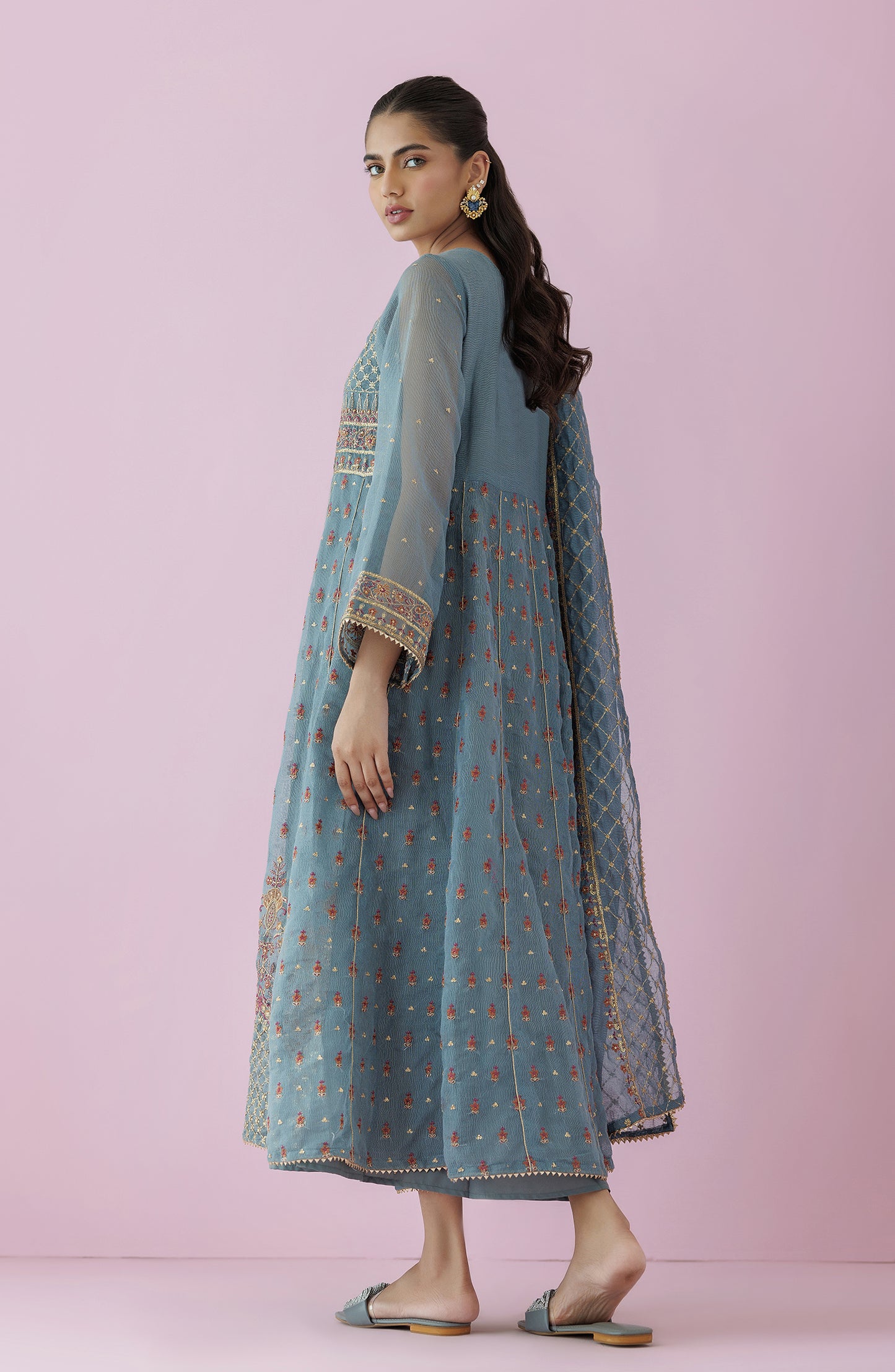 Stitched 3 Piece Embroidered Khaddi Net Shirt , Raw Silk Pant and Khaddi Net Dupatta (WRFK24S-3004)