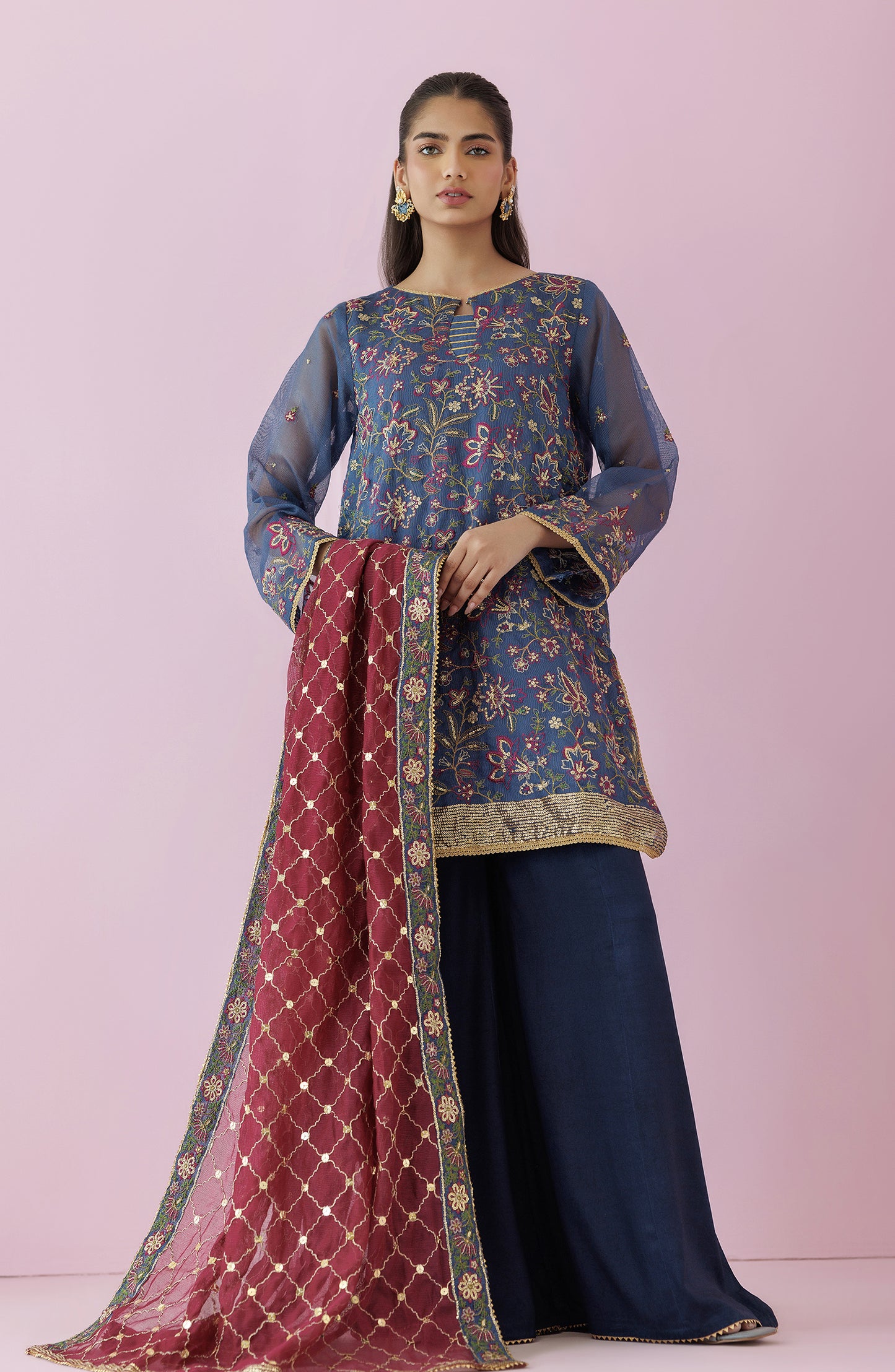 Stitched 3 Piece Embroidered Khaddi Net Shirt , Raw Silk Pant and Khaddi Net Dupatta (WRFK24S-3005)