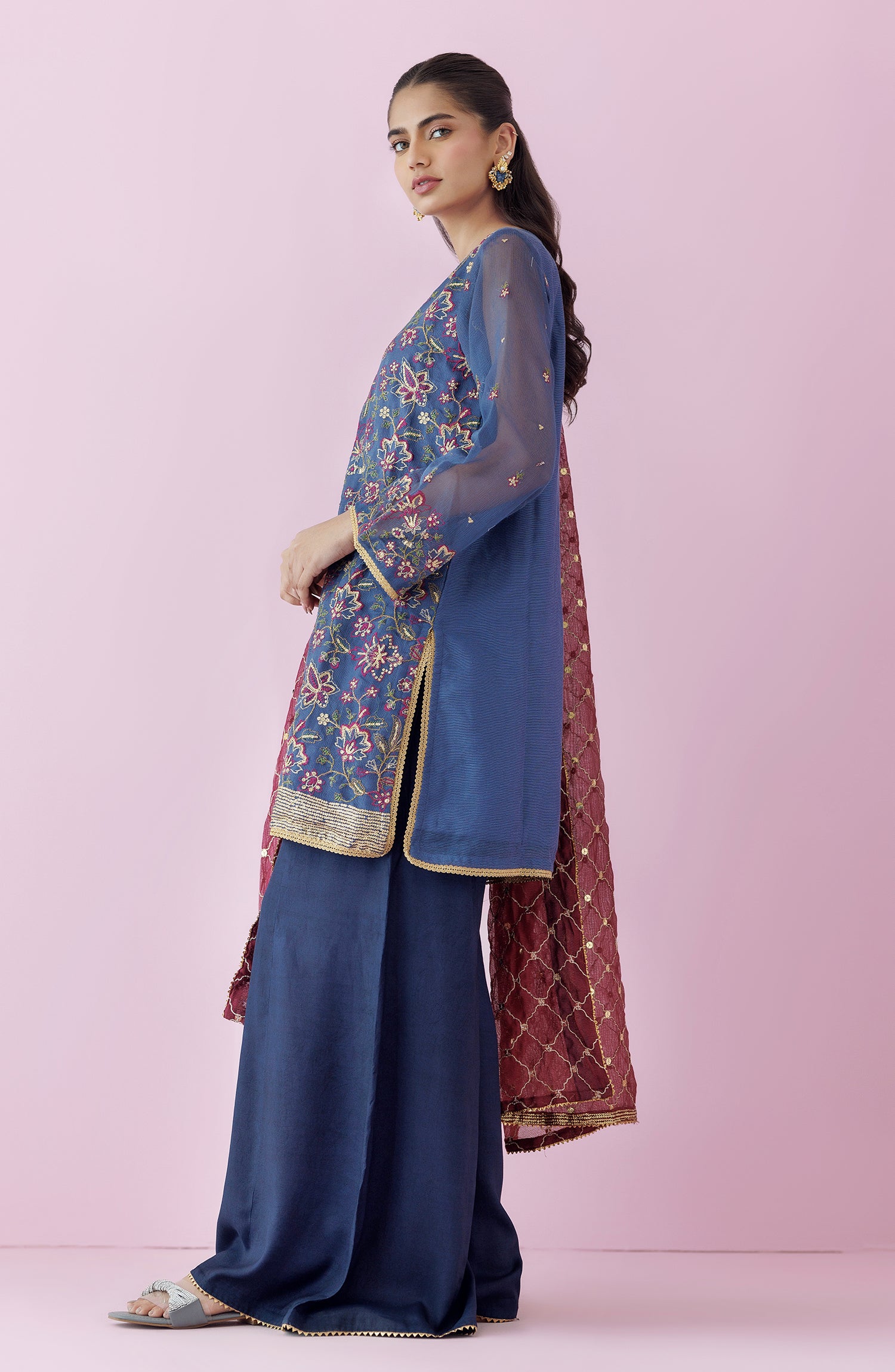 Stitched 3 Piece Embroidered Khaddi Net Shirt , Raw Silk Pant and Khaddi Net Dupatta (WRFK24S-3005)