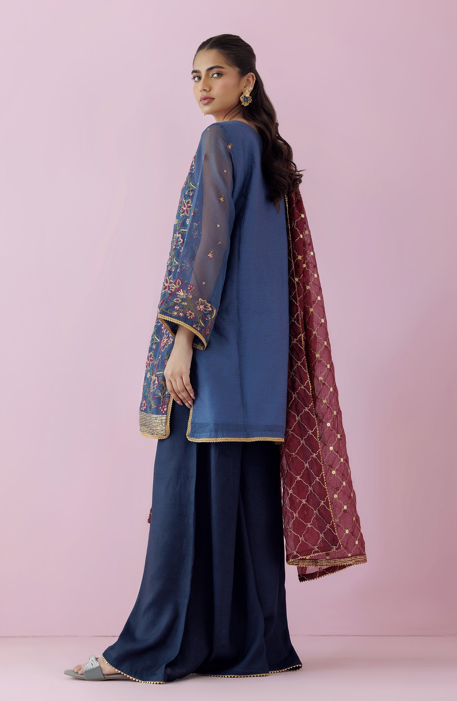 Stitched 3 Piece Embroidered Khaddi Net Shirt , Raw Silk Pant and Khaddi Net Dupatta (WRFK24S-3005)