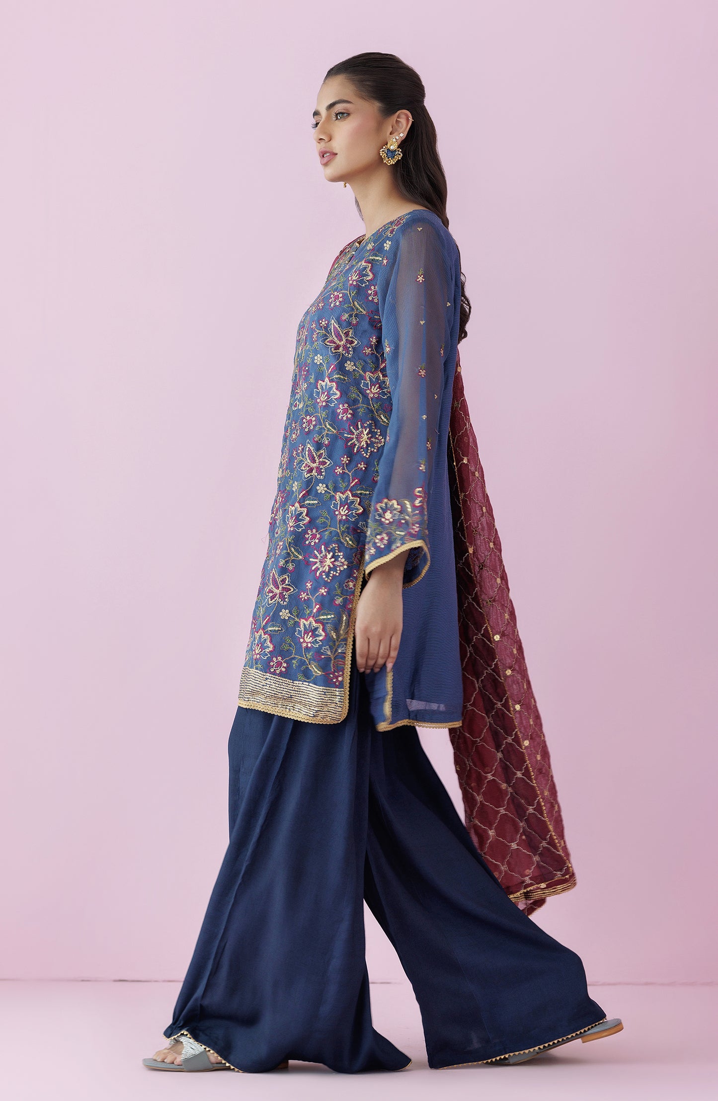 Stitched 3 Piece Embroidered Khaddi Net Shirt , Raw Silk Pant and Khaddi Net Dupatta (WRFK24S-3005)