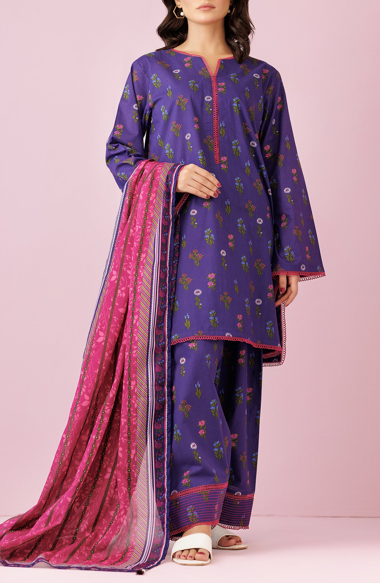 Unstitched 3 Piece Printed Lawn Shirt , Cambric Pant and Lawn Dupatta (OTL-24-221/U PURPLE)