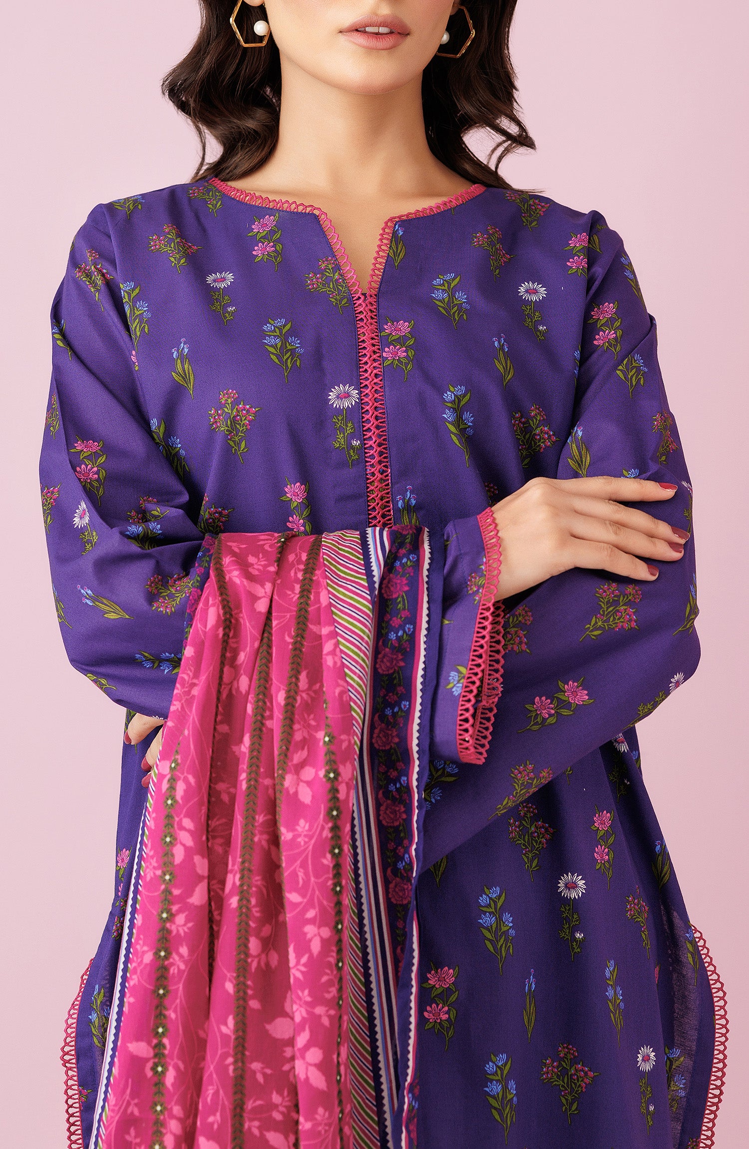 Unstitched 3 Piece Printed Lawn Shirt , Cambric Pant and Lawn Dupatta (OTL-24-221/U PURPLE)