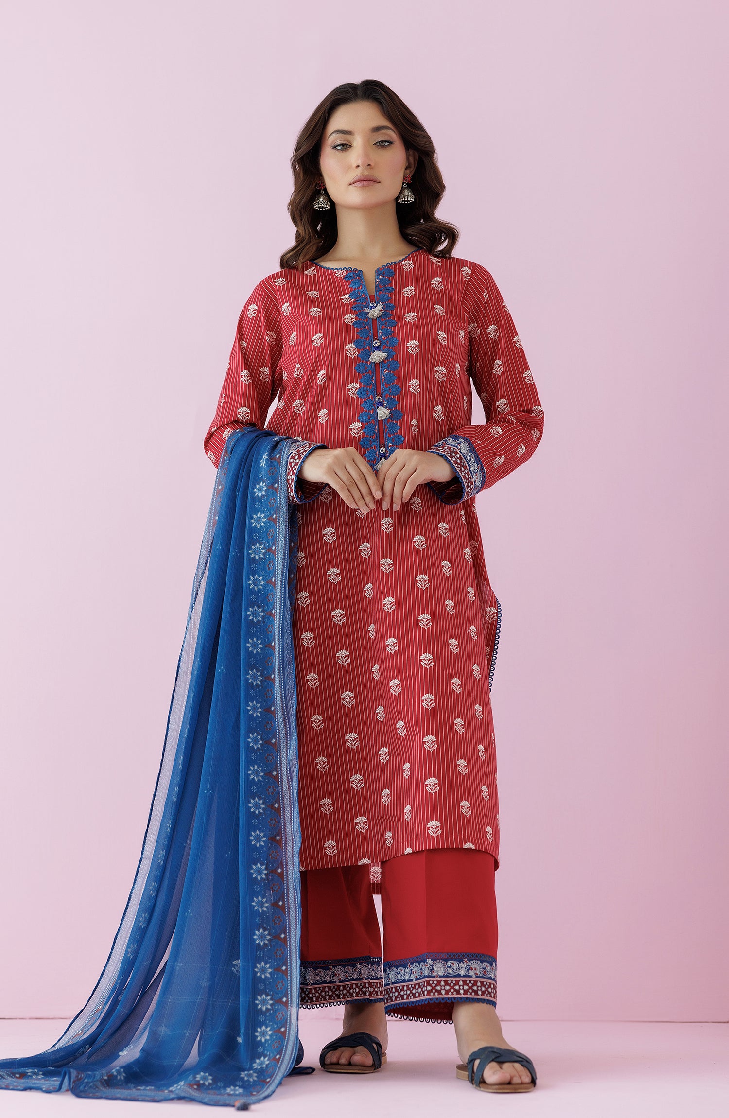 Unstitched 3 Piece Embroidered Lawn Shirt , Cambric Pant and Lawn Dupatta (OTL-24-459/U MAROON)