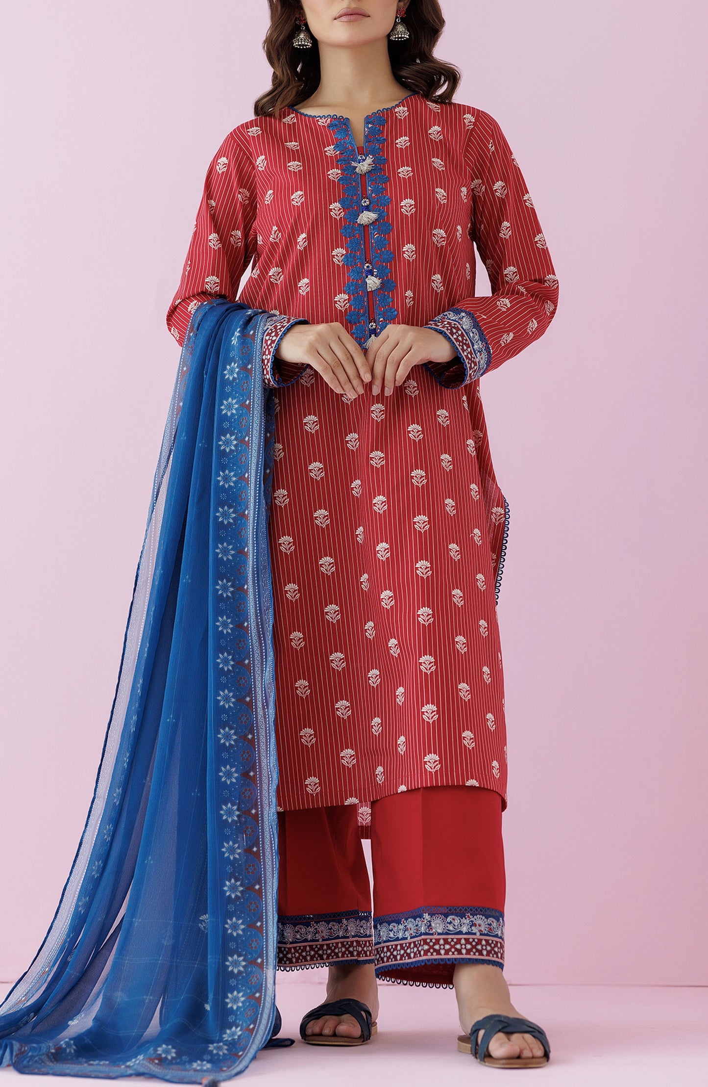 Unstitched 3 Piece Embroidered Lawn Shirt , Cambric Pant and Lawn Dupatta (OTL-24-459/U MAROON)