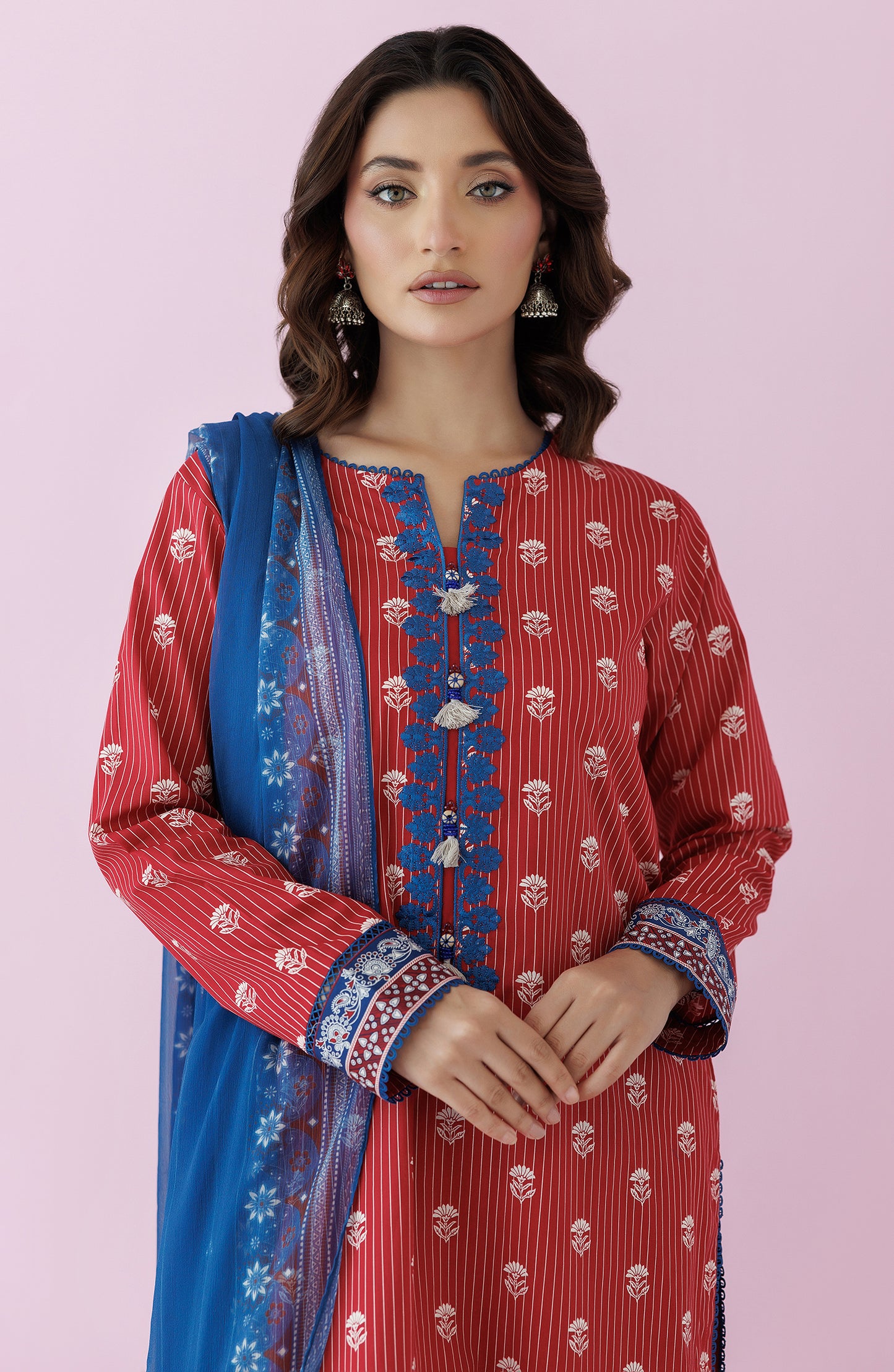 Unstitched 3 Piece Embroidered Lawn Shirt , Cambric Pant and Lawn Dupatta (OTL-24-459/U MAROON)