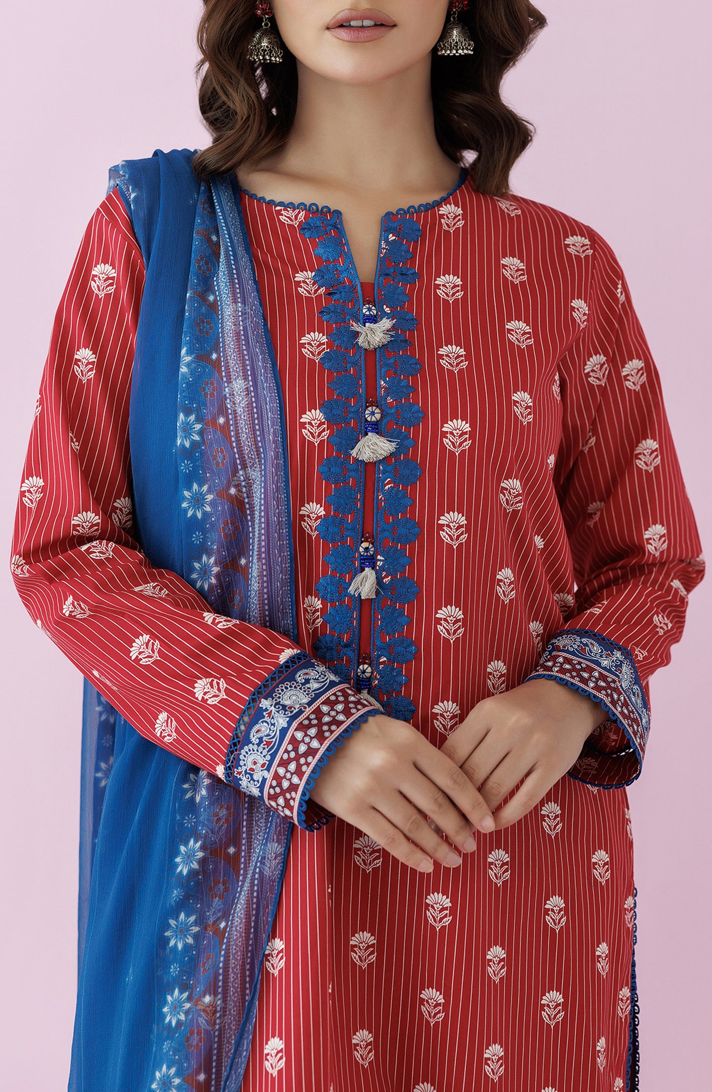 Unstitched 3 Piece Embroidered Lawn Shirt , Cambric Pant and Lawn Dupatta (OTL-24-459/U MAROON)