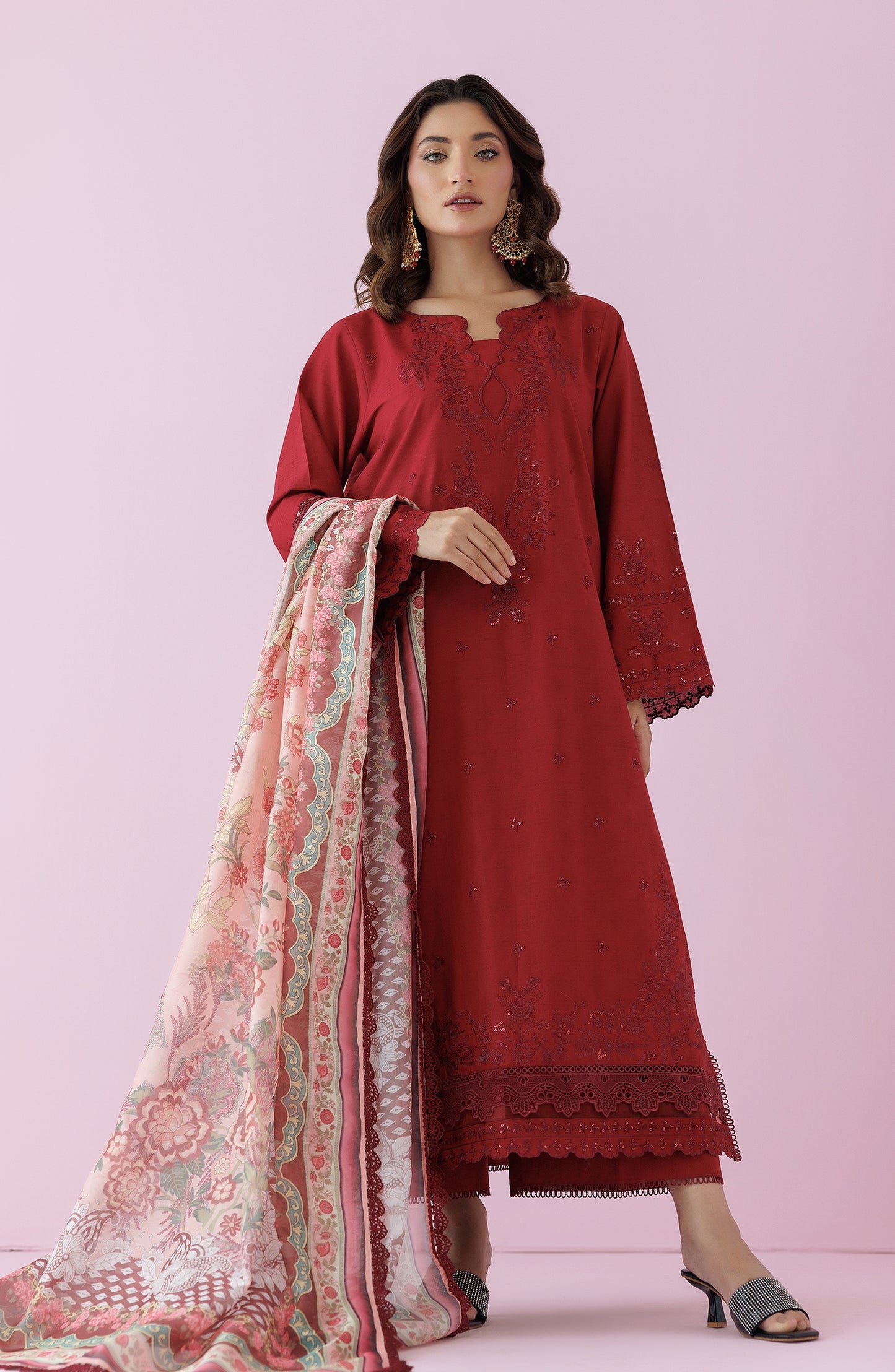 Unstitched 3 Piece Embroidered Jacquard Shirt , Jacquard Pant and Silk Dupatta (OTL-24-007/U MAROON)