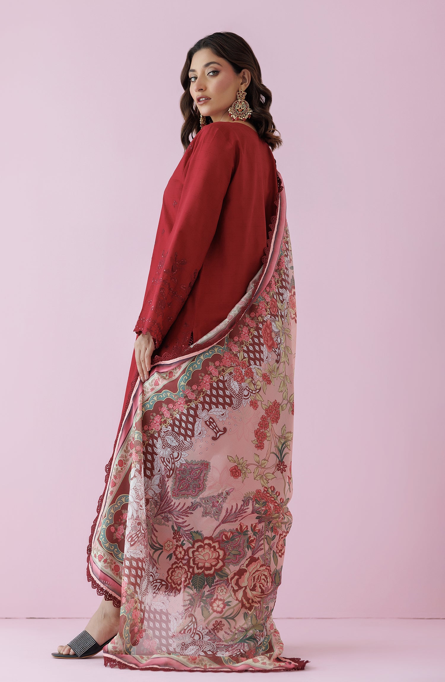 Unstitched 3 Piece Embroidered Jacquard Shirt , Jacquard Pant and Silk Dupatta (OTL-24-007/U MAROON)