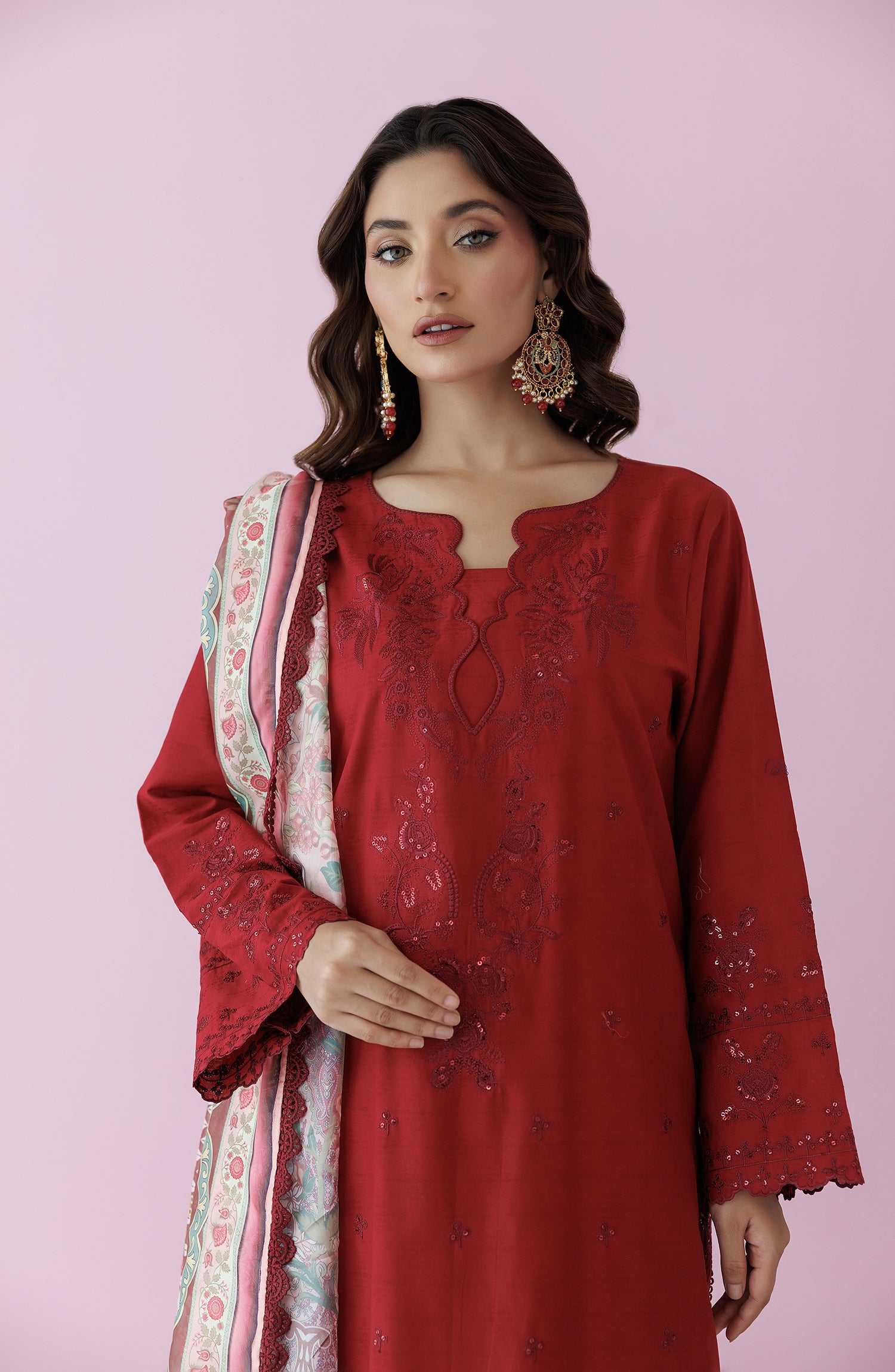 Unstitched 3 Piece Embroidered Jacquard Shirt , Jacquard Pant and Silk Dupatta (OTL-24-007/U MAROON)