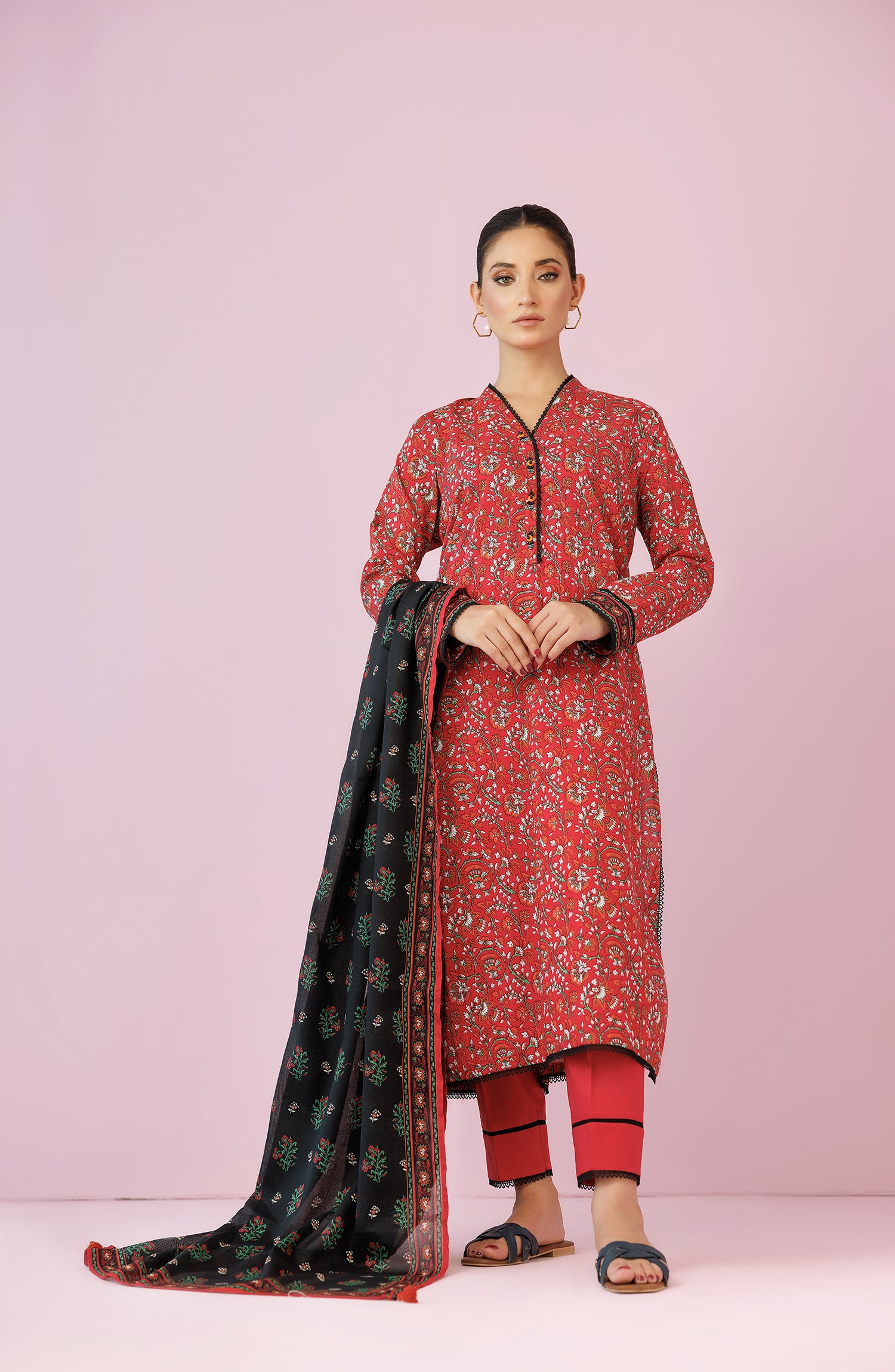 Unstitched 3 Piece Printed Lawn Shirt , Cambric Pant and Lawn Dupatta (OTL-24-178/U RED)