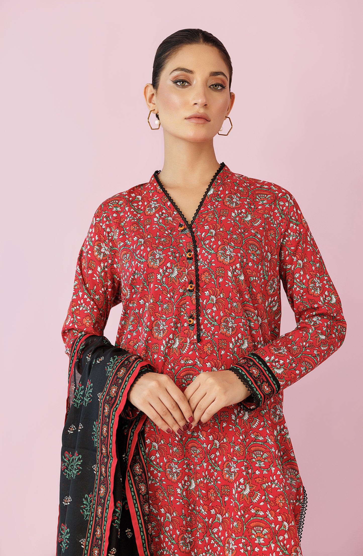 Unstitched 3 Piece Printed Lawn Shirt , Cambric Pant and Lawn Dupatta (OTL-24-178/U RED)