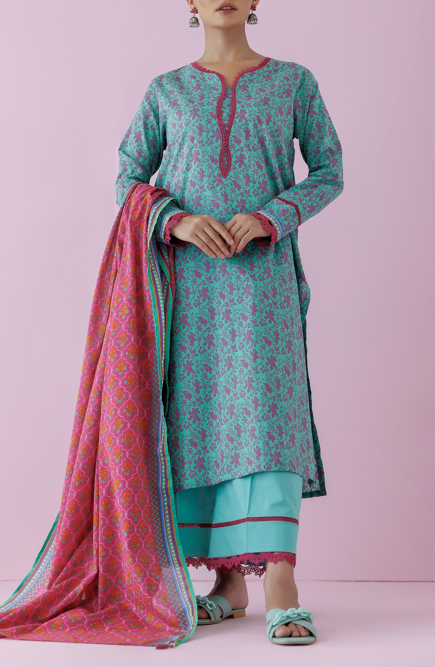 Unstitched 3 Piece Printed Lawn Shirt , Cambric Pant and Lawn Dupatta (OTL-24-349/U GREEN)