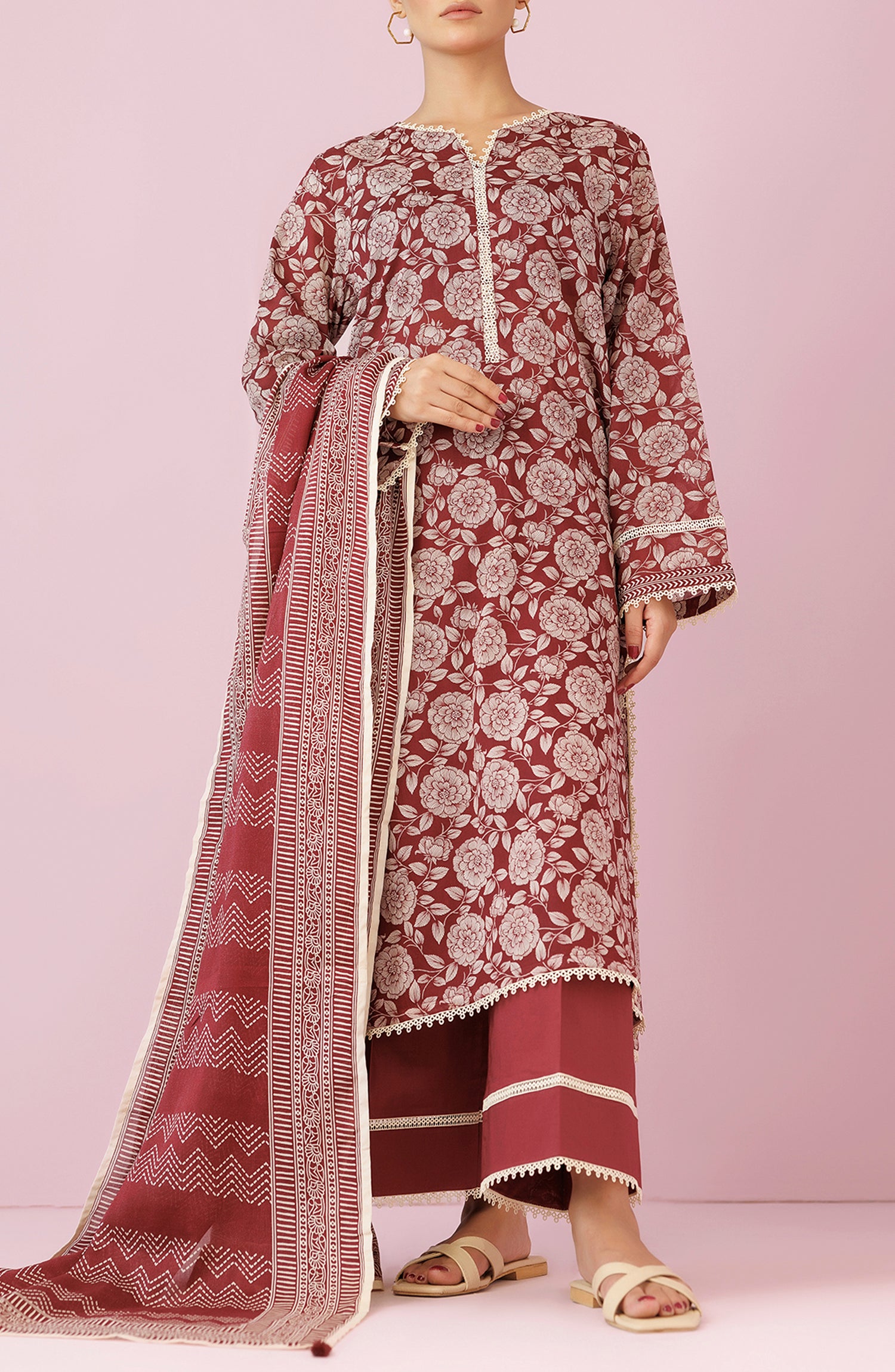 Unstitched 3 Piece Printed Lawn Shirt , Cambric Pant and Lawn Dupatta (OTL-24-130/U MAROON)