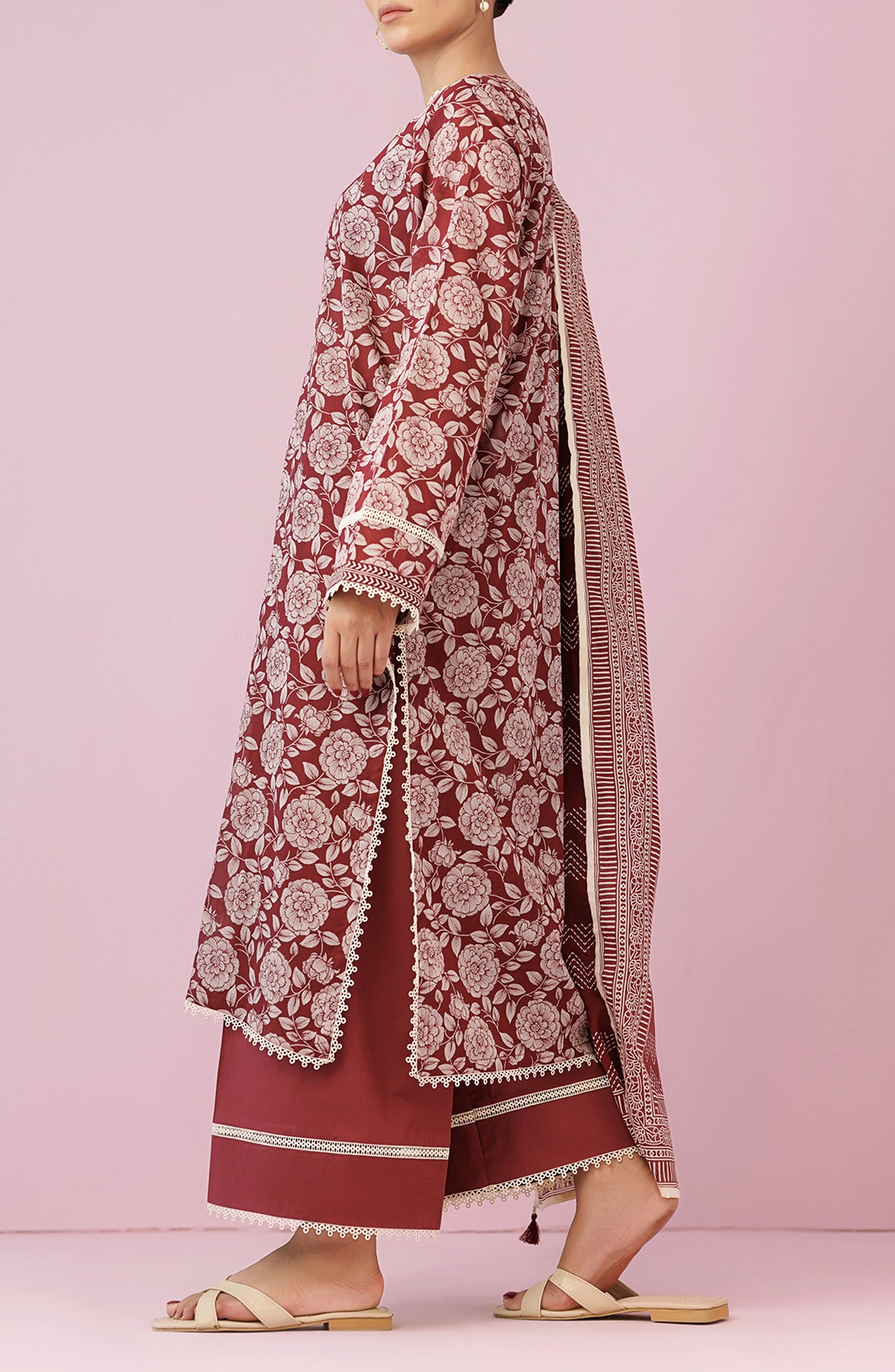 Unstitched 3 Piece Printed Lawn Shirt , Cambric Pant and Lawn Dupatta (OTL-24-130/U MAROON)