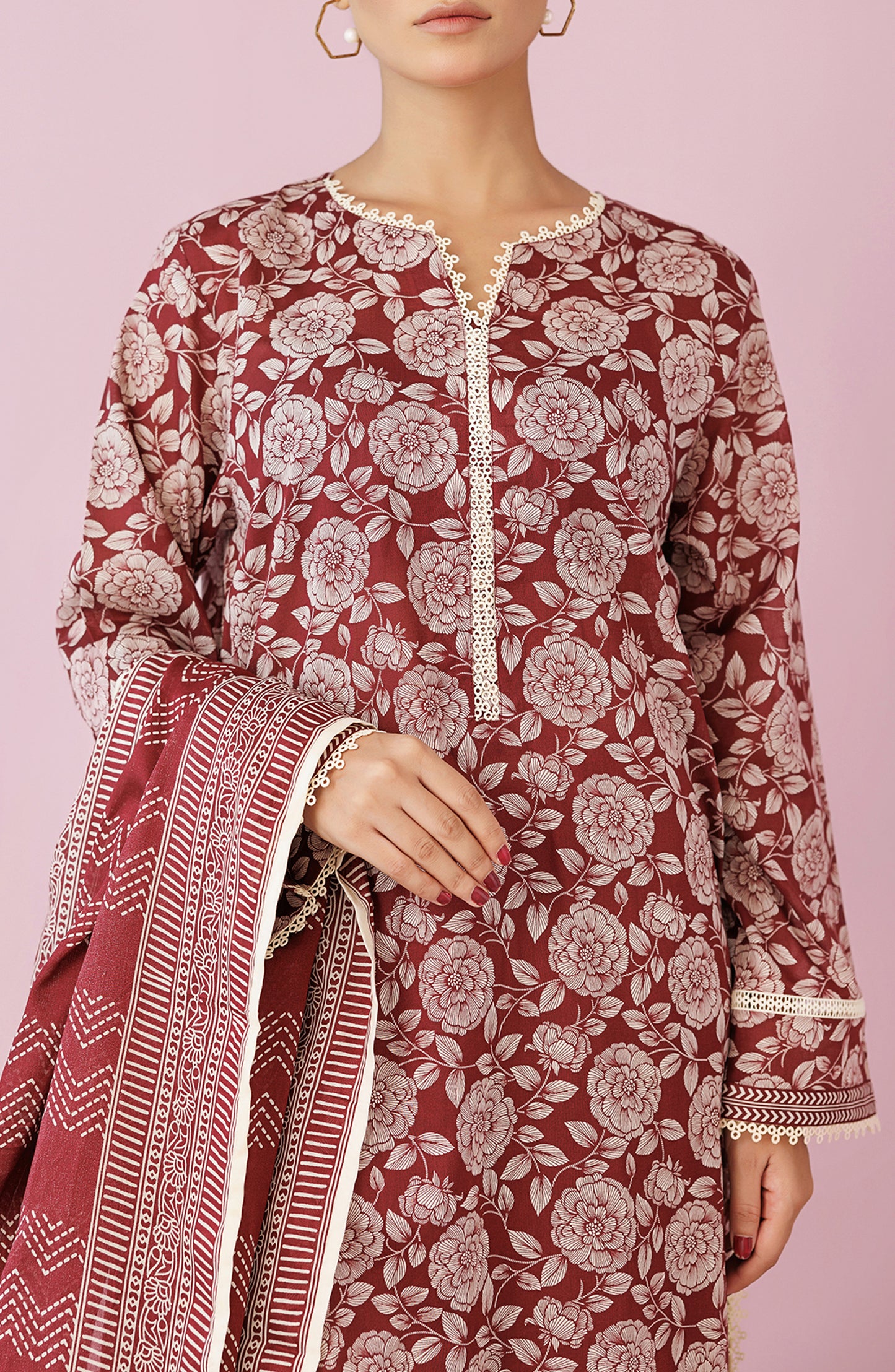 Unstitched 3 Piece Printed Lawn Shirt , Cambric Pant and Lawn Dupatta (OTL-24-130/U MAROON)