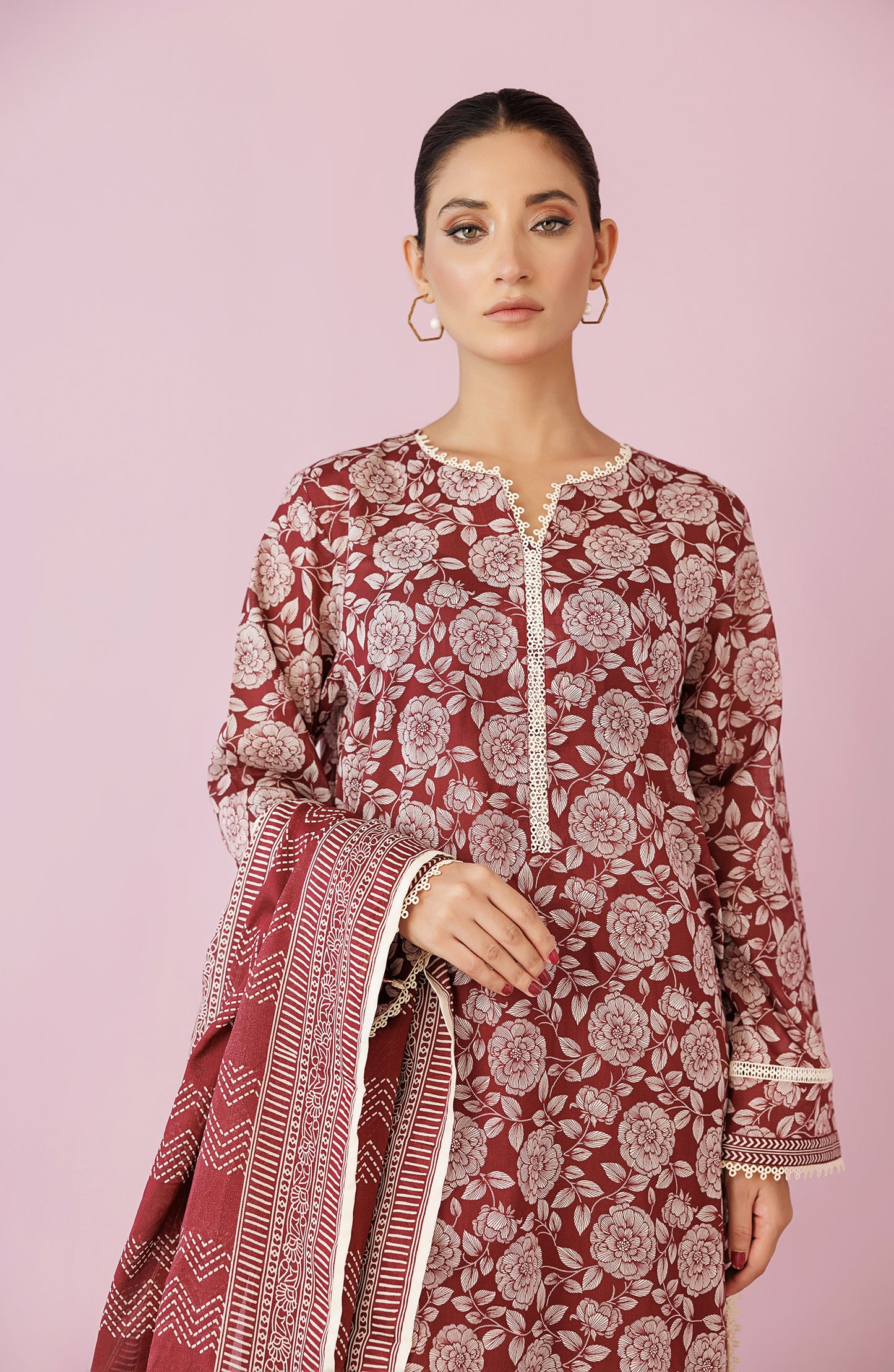 Unstitched 3 Piece Printed Lawn Shirt , Cambric Pant and Lawn Dupatta (OTL-24-130/U MAROON)