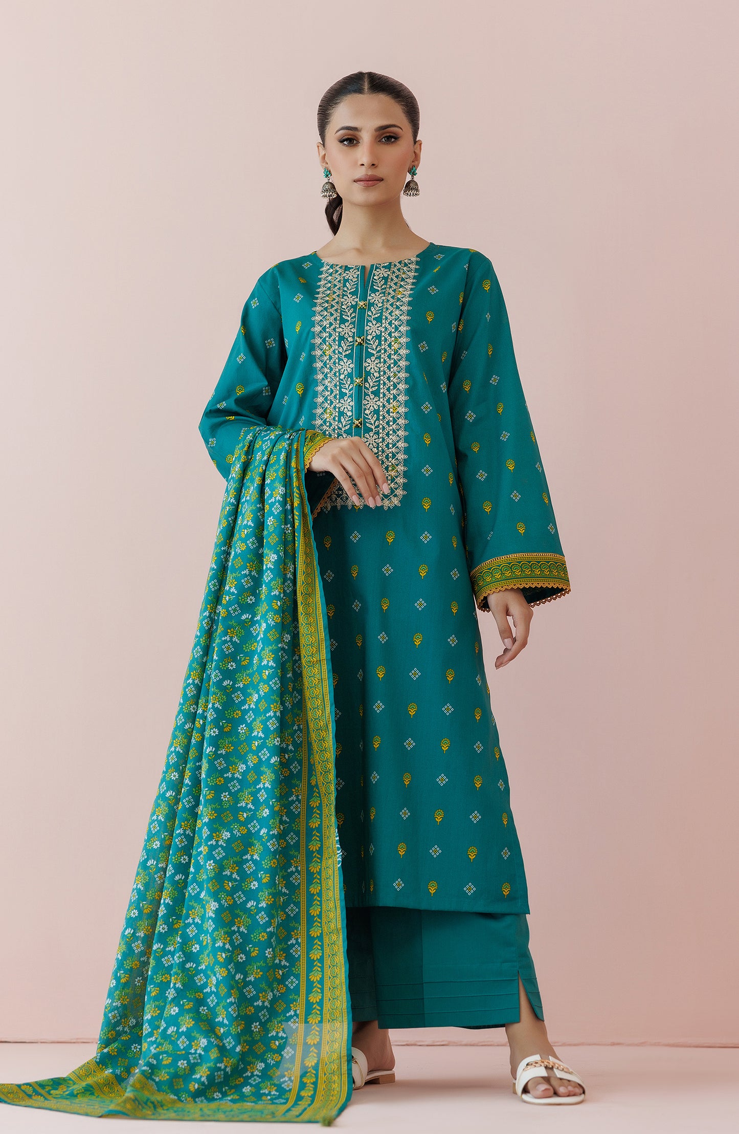 Unstitched 3 Piece Embroidered Lawn Shirt , Cambric Pant and Lawn Dupatta (OTL-24-462/U GREEN)