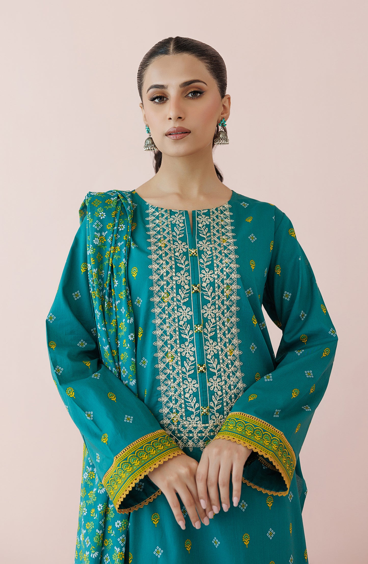 Unstitched 3 Piece Embroidered Lawn Shirt , Cambric Pant and Lawn Dupatta (OTL-24-462/U GREEN)