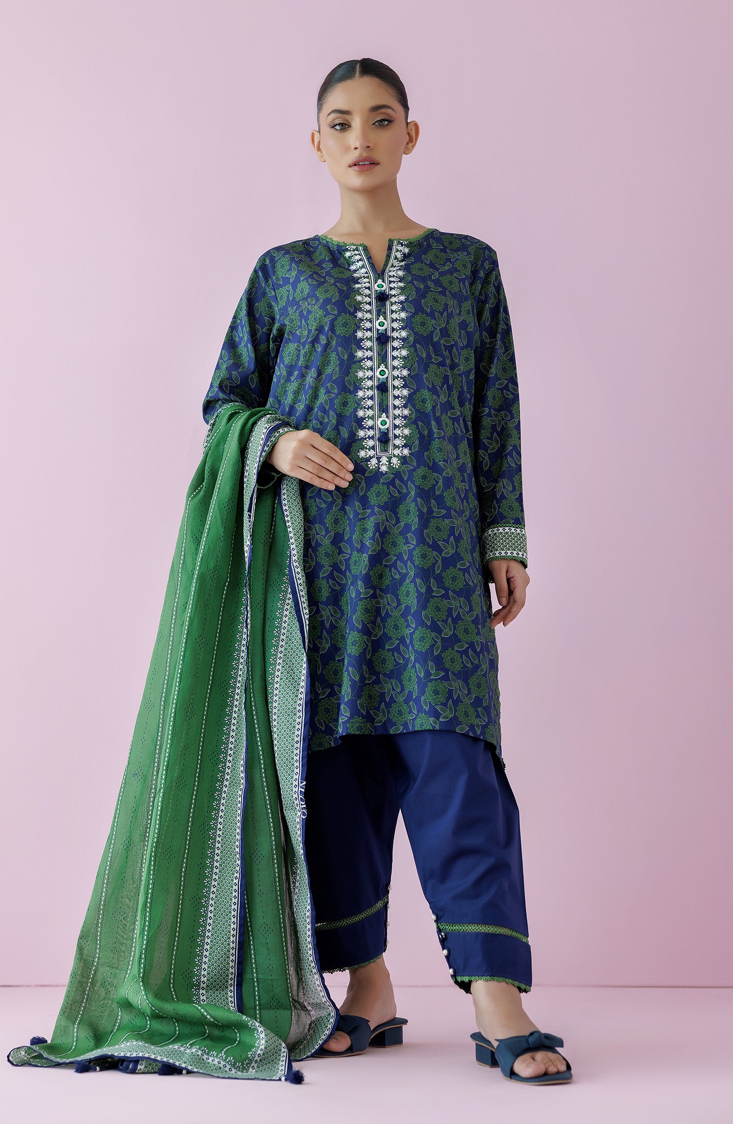 Unstitched 3 Piece Embroidered Lawn Shirt , Cambric Pant and Lawn Dupatta (OTL-24-461/U GREEN)