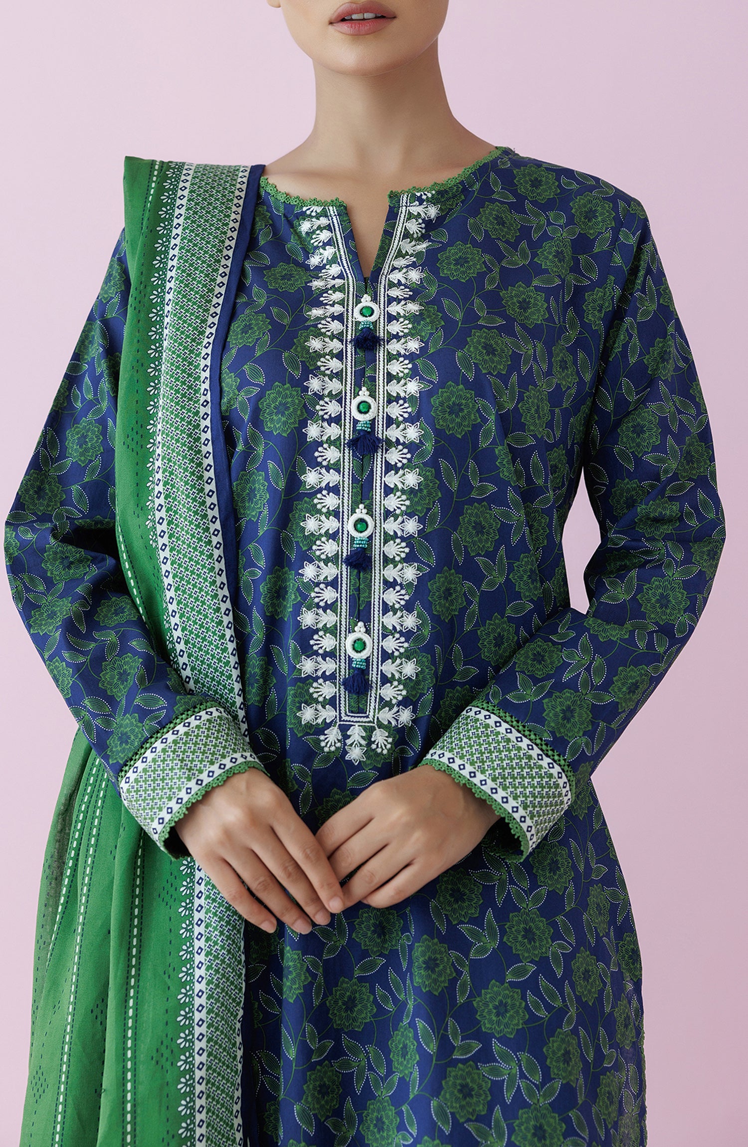 Unstitched 3 Piece Embroidered Lawn Shirt , Cambric Pant and Lawn Dupatta (OTL-24-461/U GREEN)