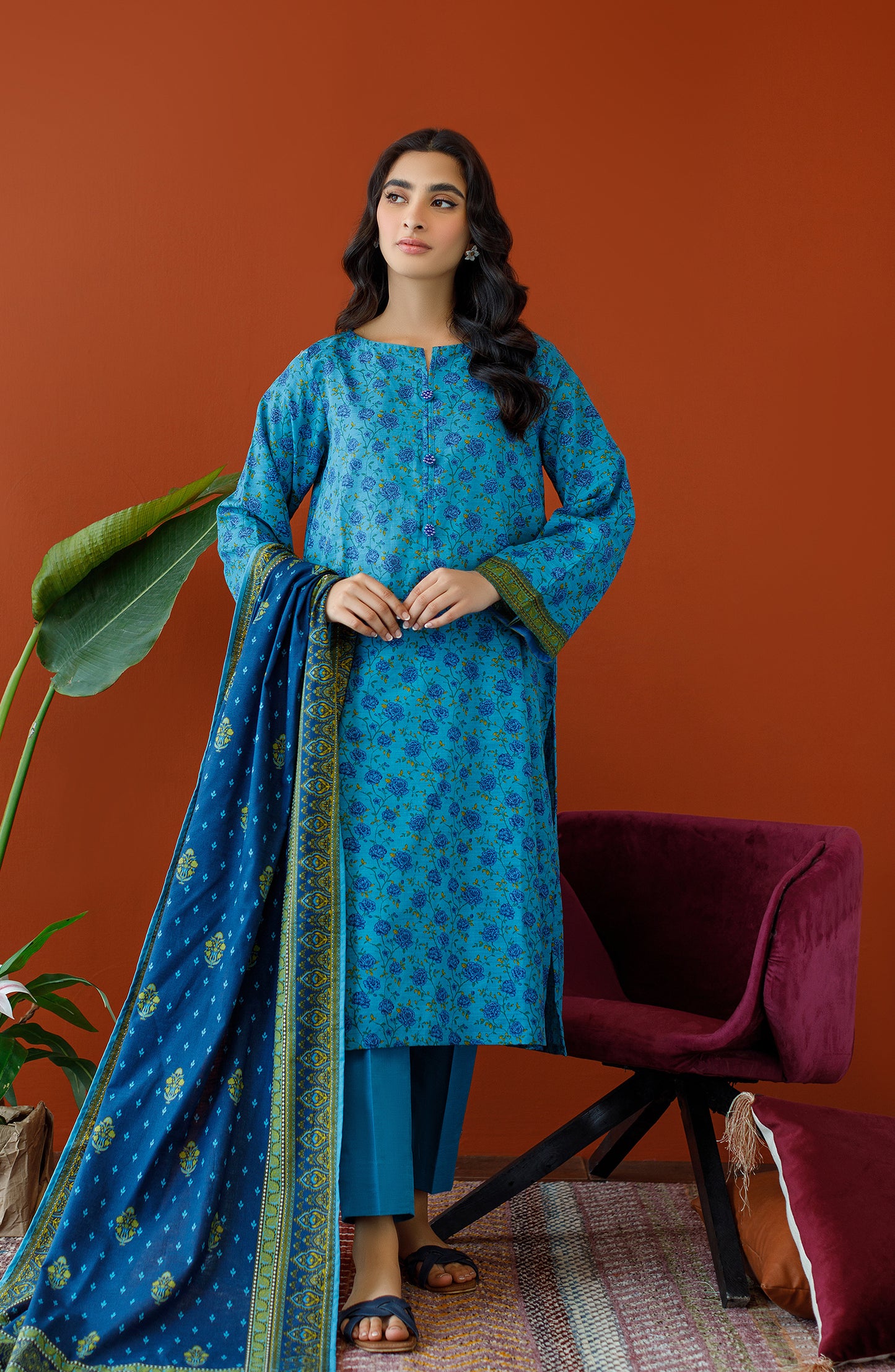 OTL-23-299/U TURQUOISE KHADDAR Women UNSTITCHED SHIRT DUPATTA PANTS