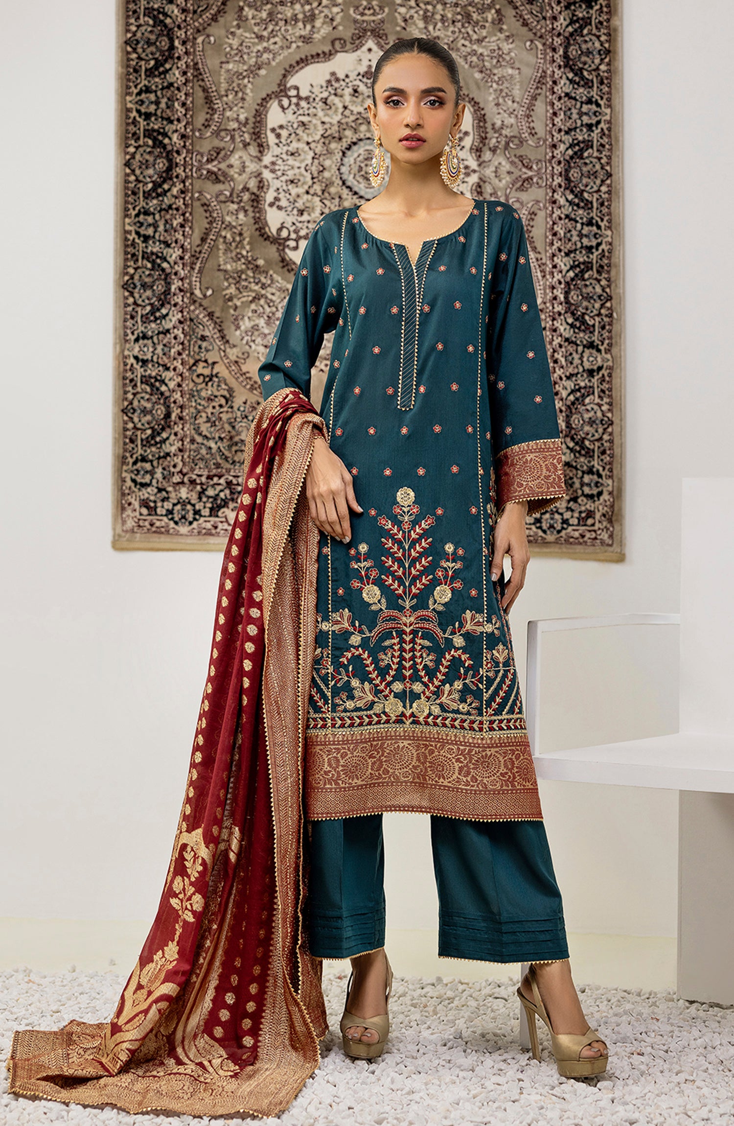 Stitched 3 Piece Embroidered Cotton Silk Shirt , Cotton Silk Pant and JACQUARD Dupatta (OTLF-23-061/S TEAL)