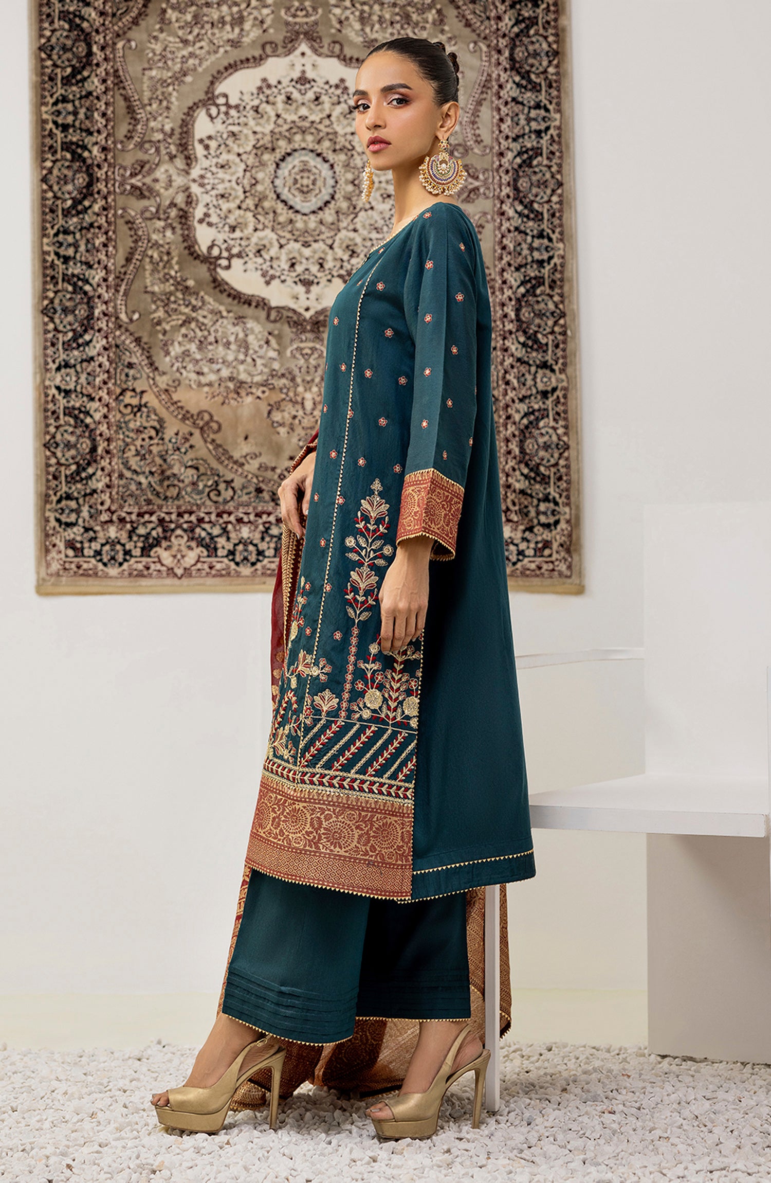 Stitched 3 Piece Embroidered Cotton Silk Shirt , Cotton Silk Pant and JACQUARD Dupatta (OTLF-23-061/S TEAL)