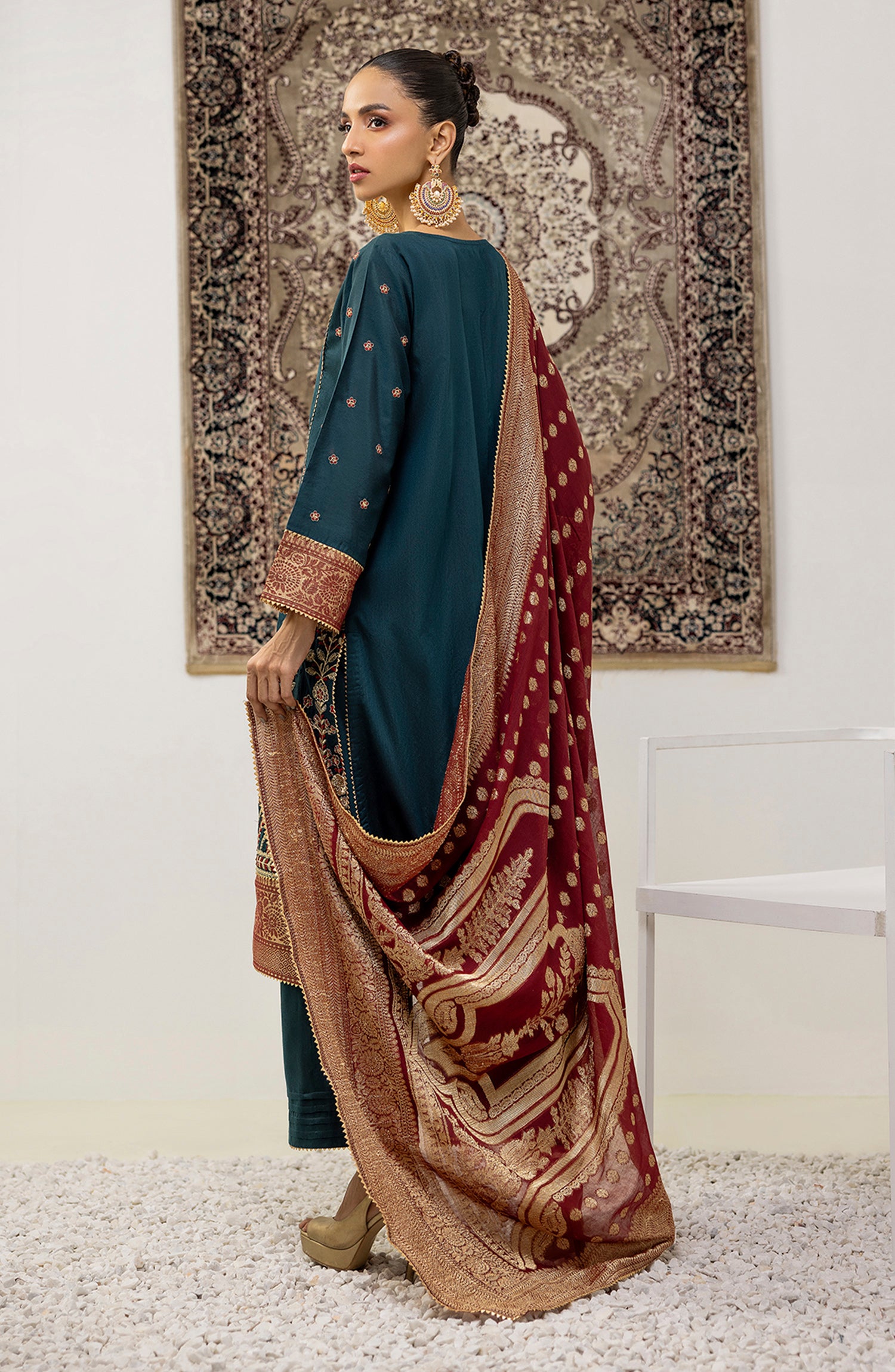 Stitched 3 Piece Embroidered Cotton Silk Shirt , Cotton Silk Pant and JACQUARD Dupatta (OTLF-23-061/S TEAL)