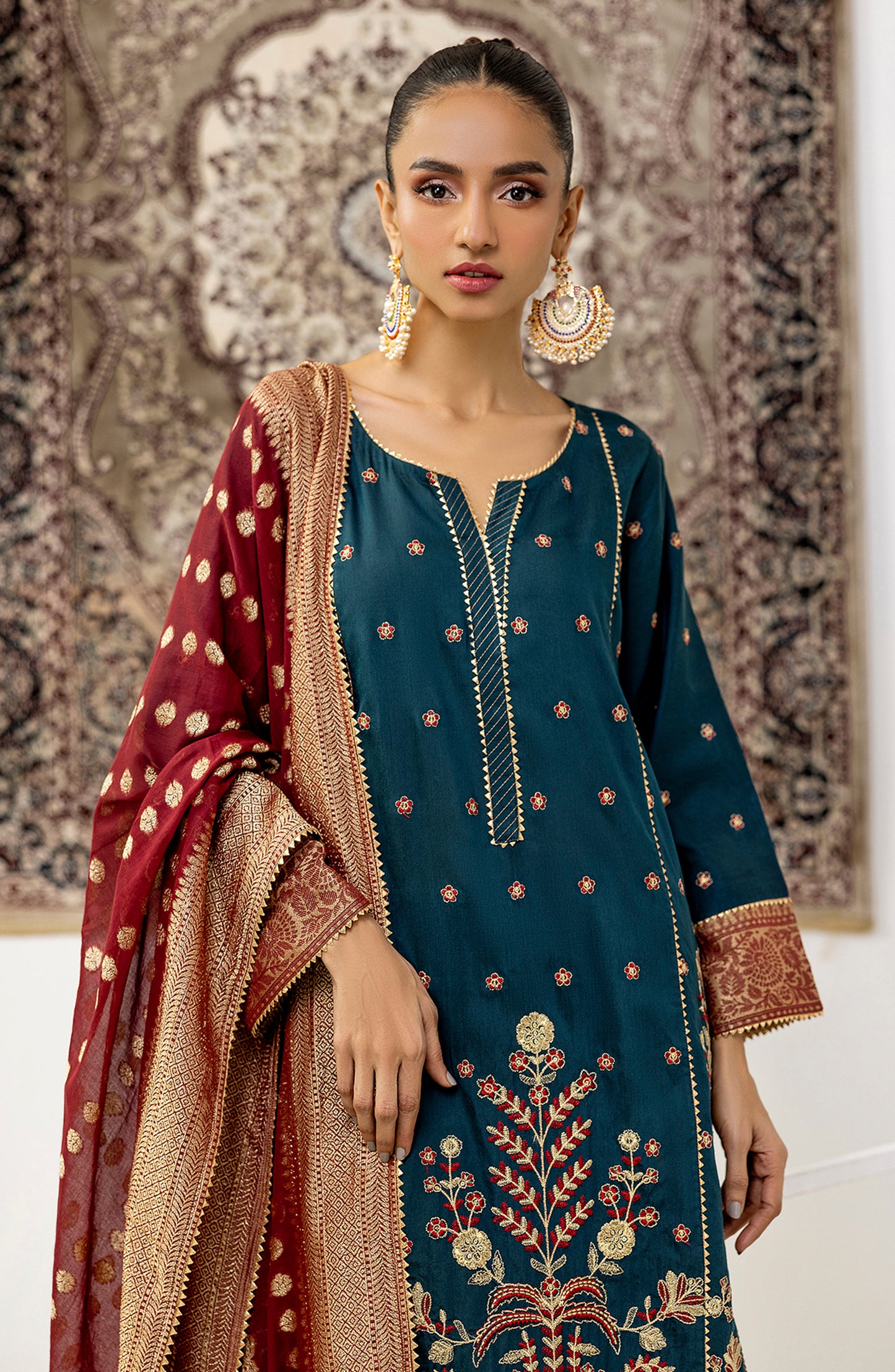 Stitched 3 Piece Embroidered Cotton Silk Shirt , Cotton Silk Pant and JACQUARD Dupatta (OTLF-23-061/S TEAL)