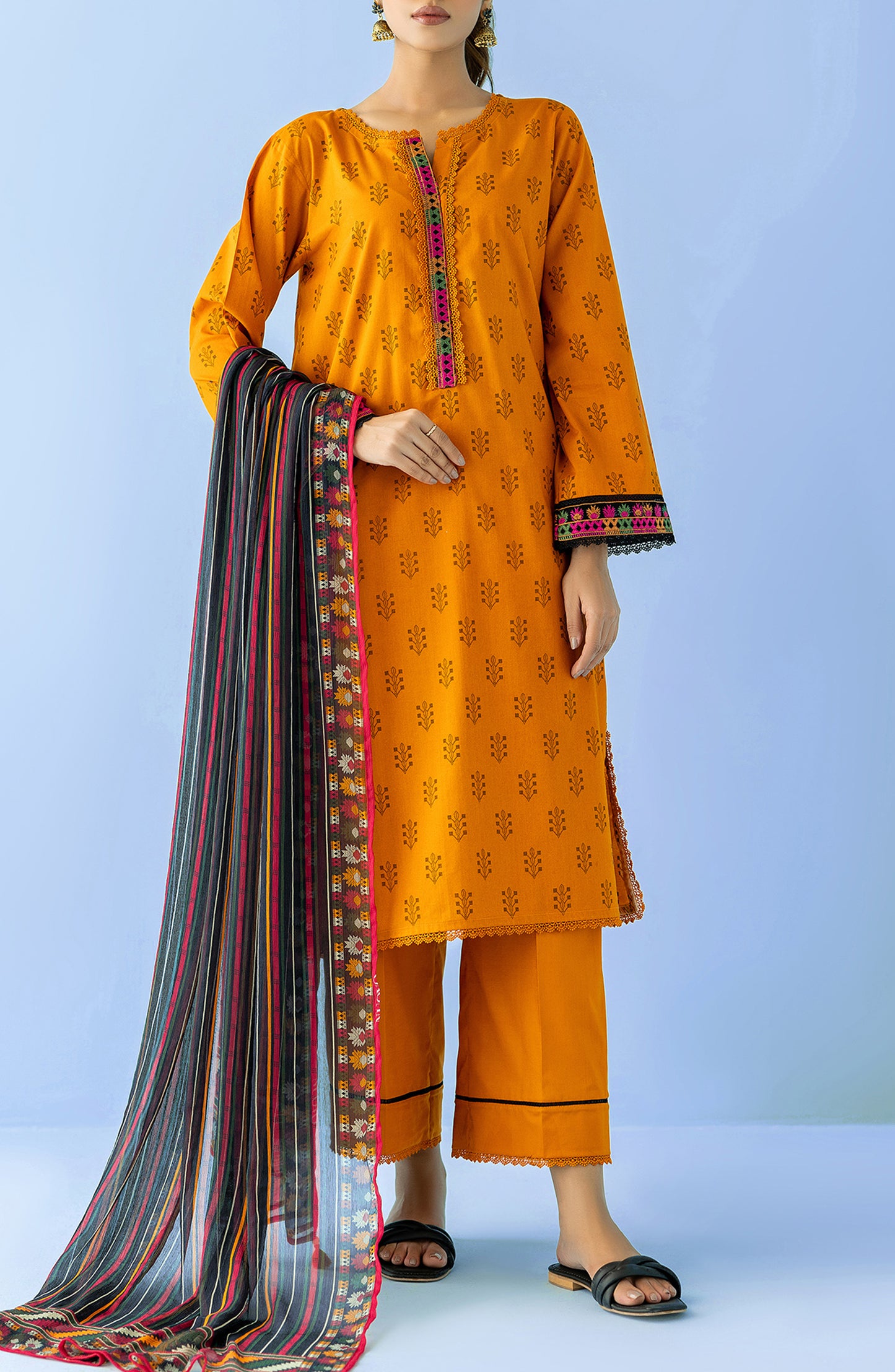 Unstitched 3 Piece Embroidered Lawn Shirt , Cambric Pant and Chiffon Dupatta (OTL-24-225/U YELLOW)