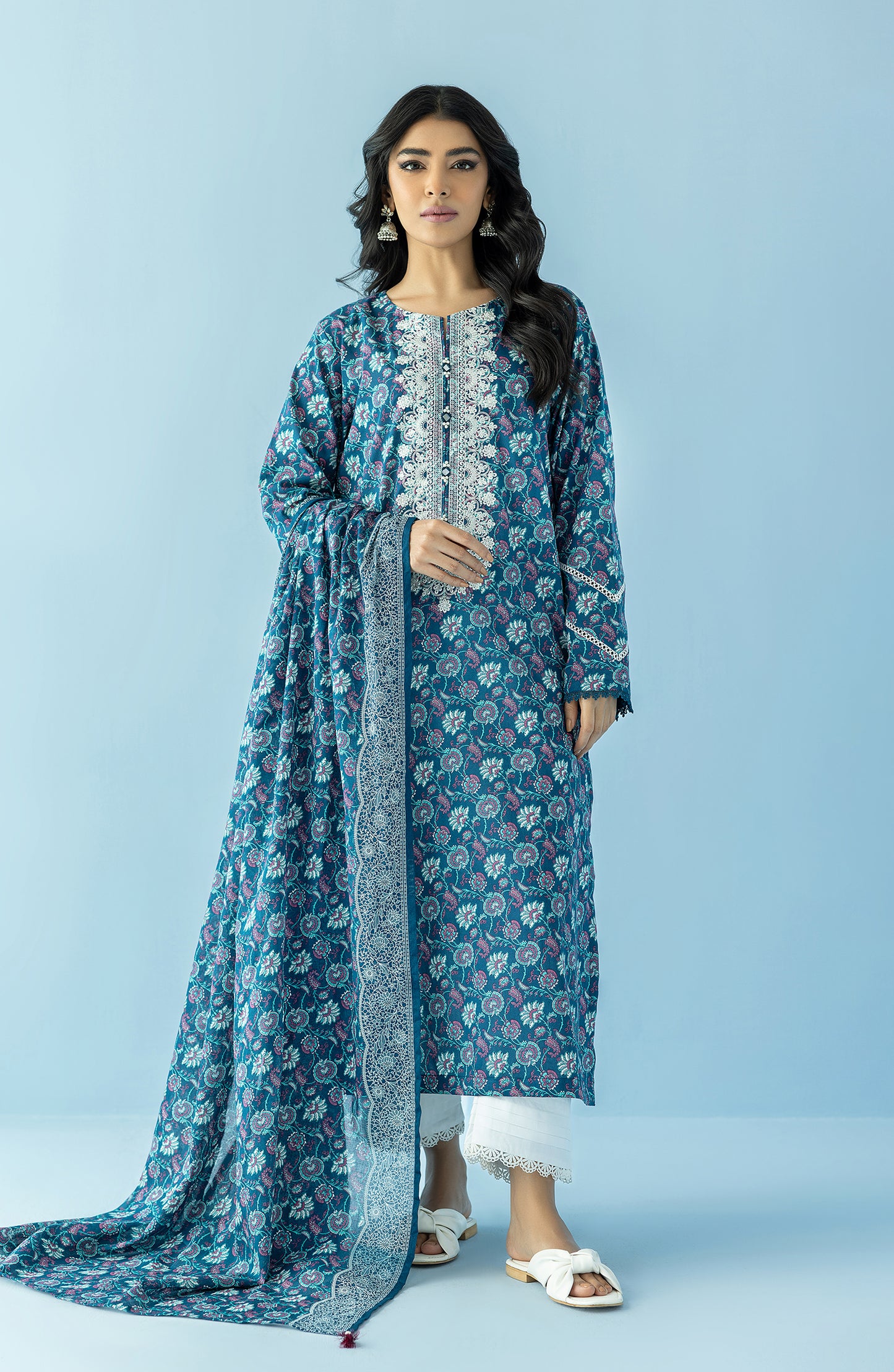 NRDS-24-029/U TEAL LAWN  UNSTITCHED SHIRT DUPATTA