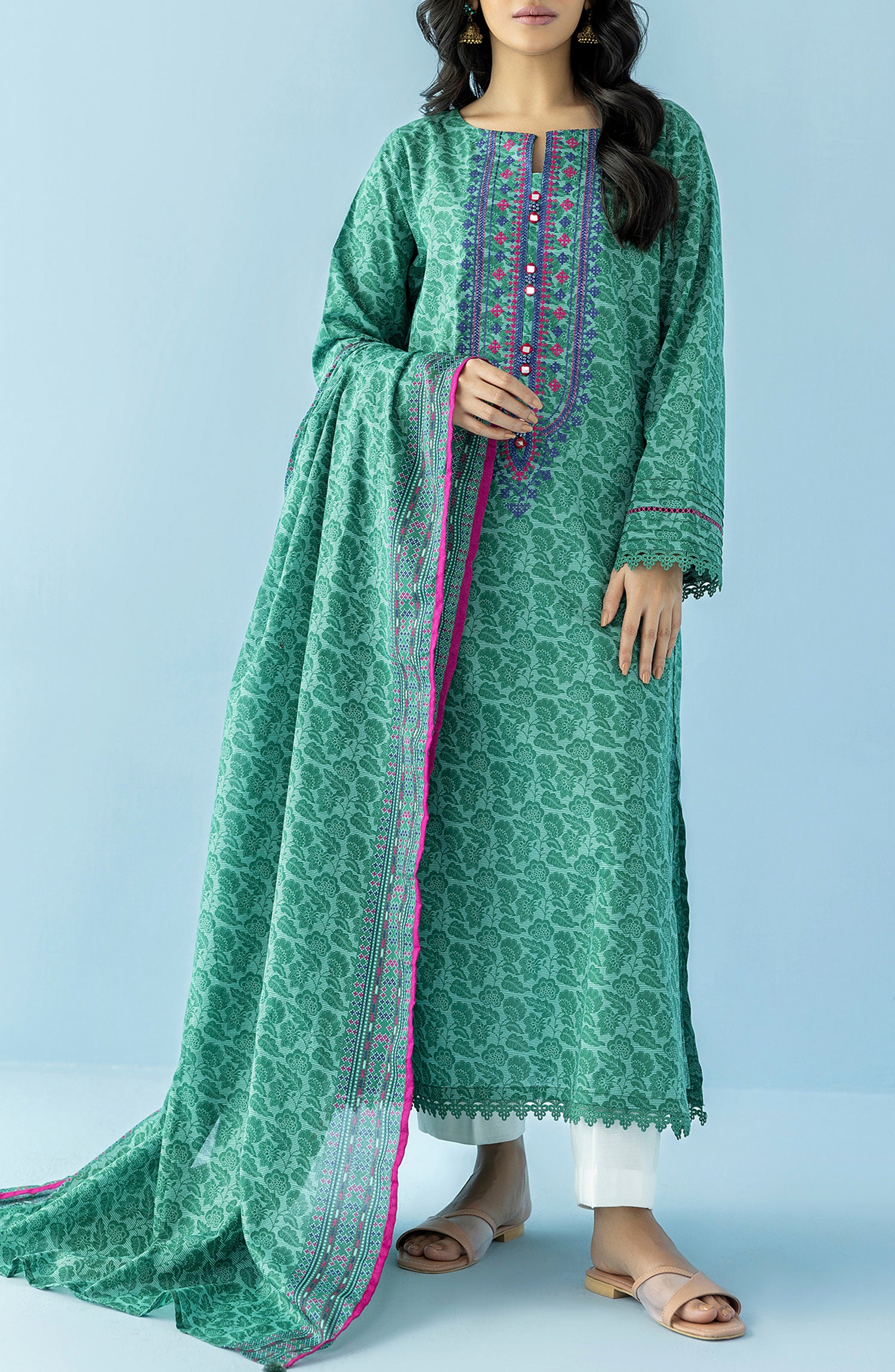 Stitched 2 Piece Printed Embroidered Lawn Shirt and Lawn Dupatta (NRDS-24-031/S GREEN)