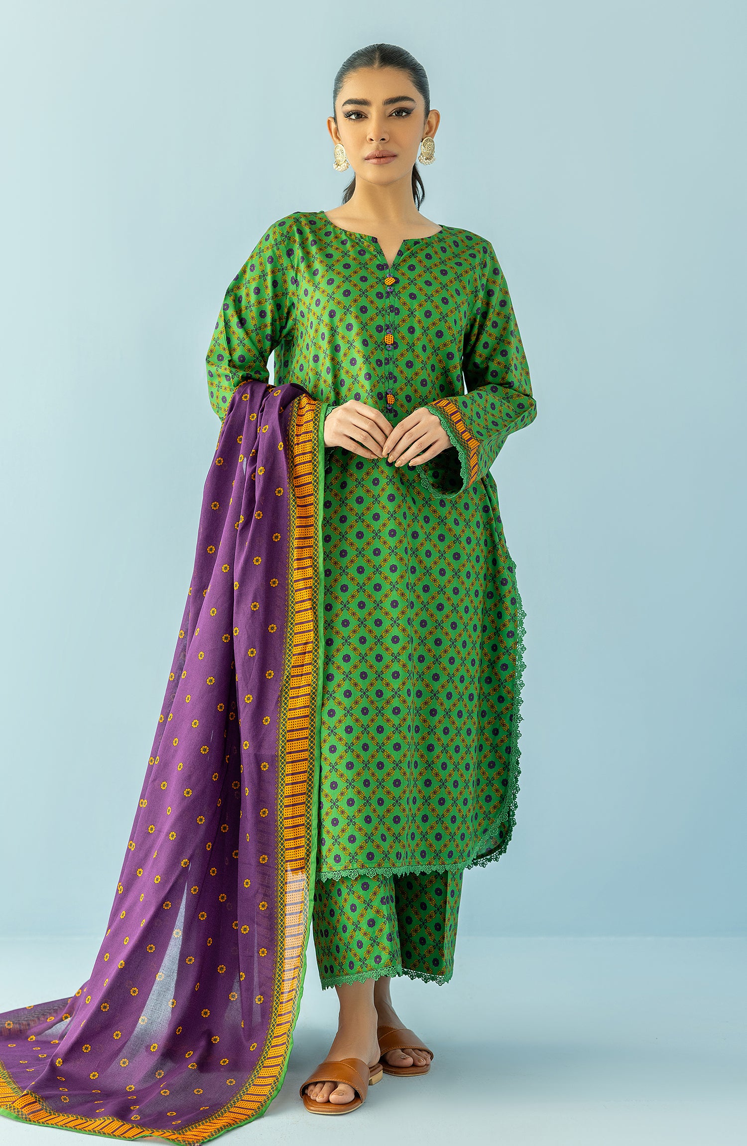 Unstitched 3 Piece Printed Lawn Shirt , Cambric Pant and Lawn Dupatta (OTL-24-092/U GREEN)