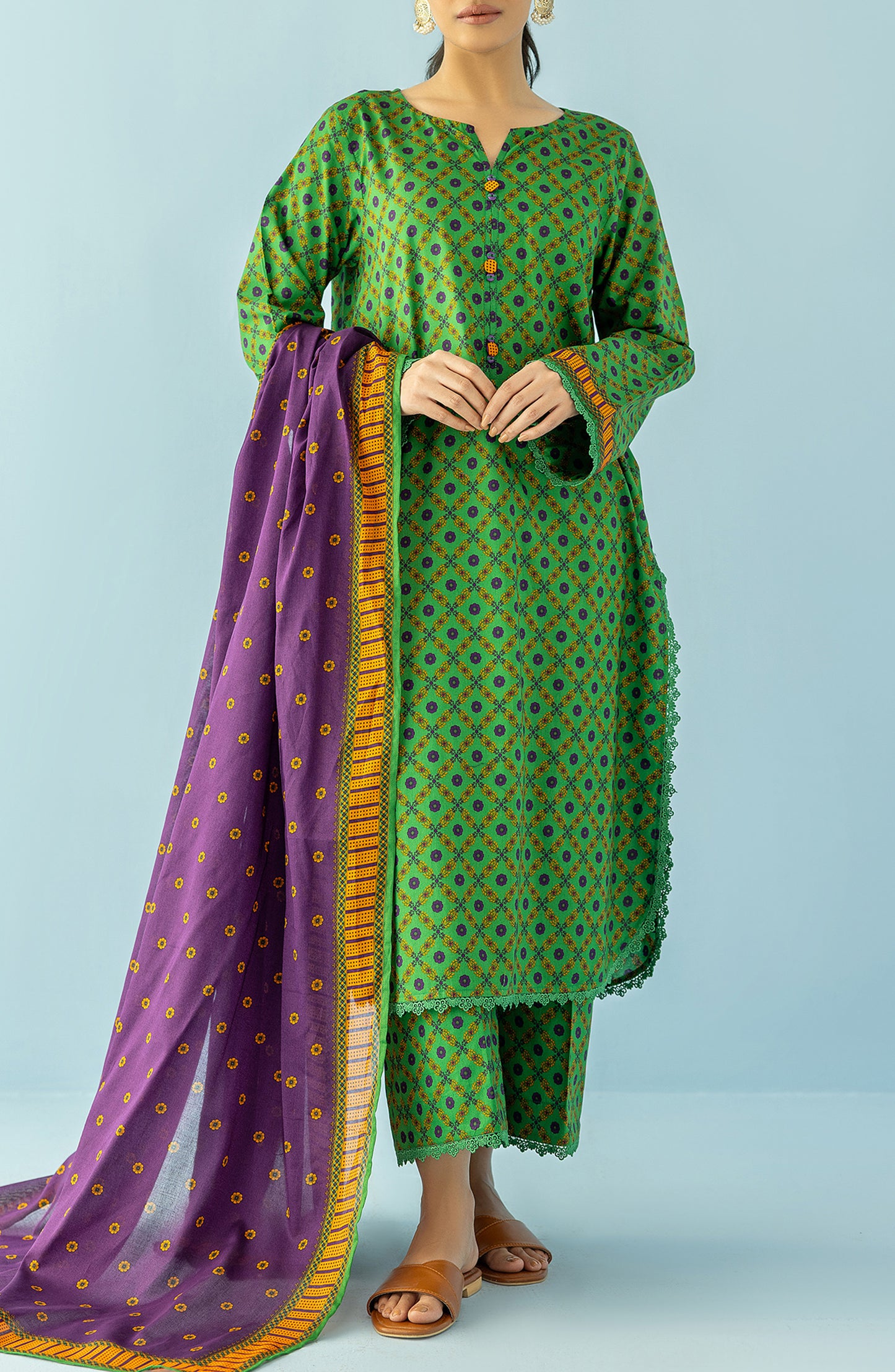 Unstitched 3 Piece Printed Lawn Shirt , Cambric Pant and Lawn Dupatta (OTL-24-092/U GREEN)