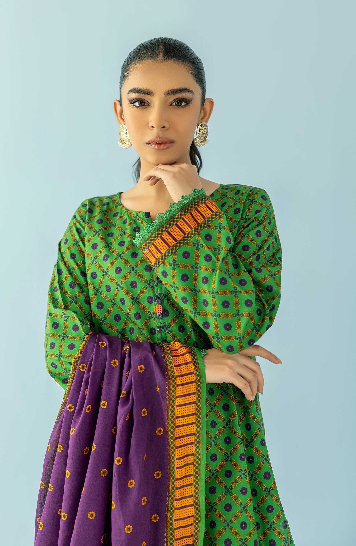 Unstitched 3 Piece Printed Lawn Shirt , Cambric Pant and Lawn Dupatta (OTL-24-092/U GREEN)