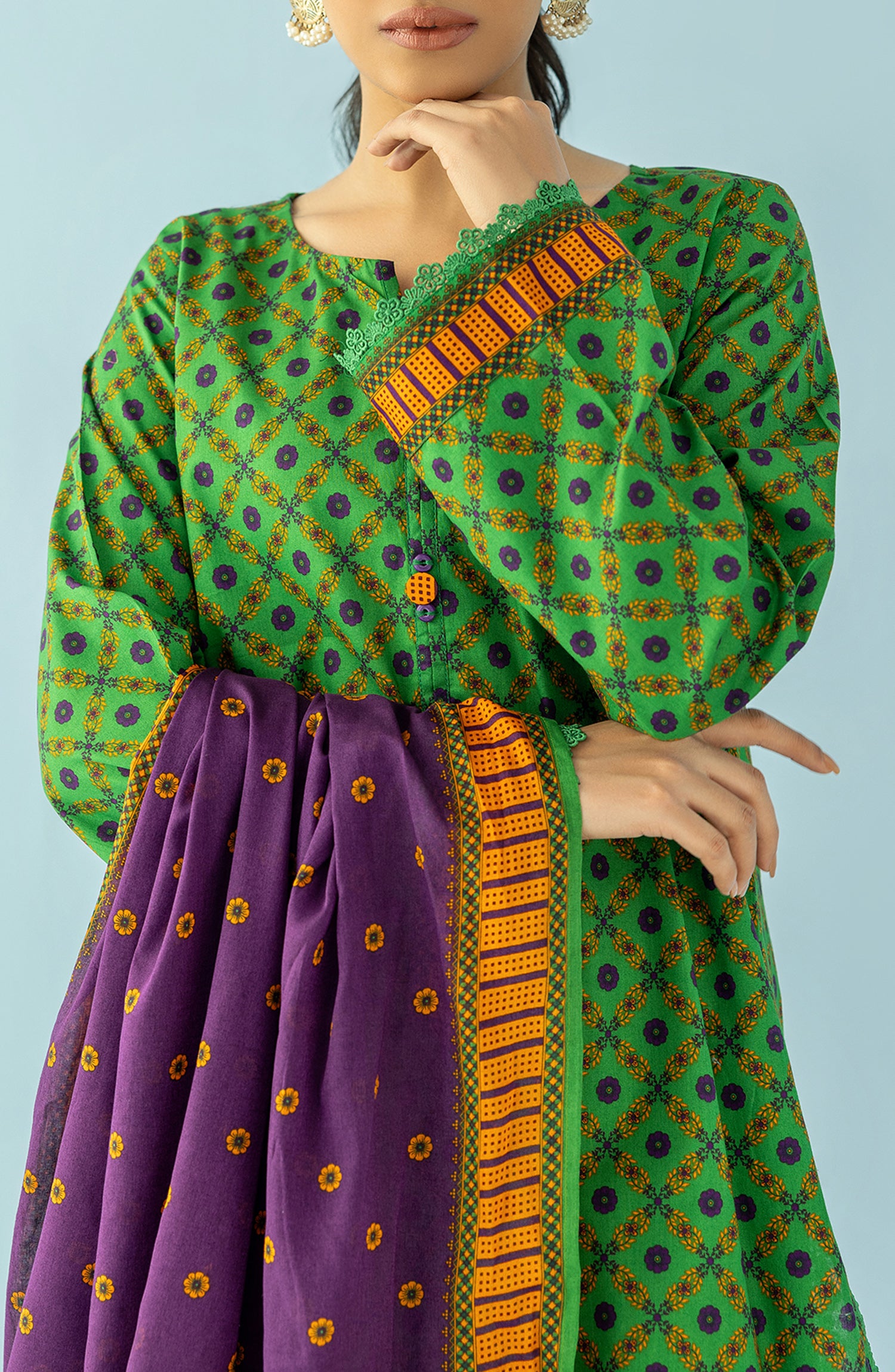 Unstitched 3 Piece Printed Lawn Shirt , Cambric Pant and Lawn Dupatta (OTL-24-092/U GREEN)