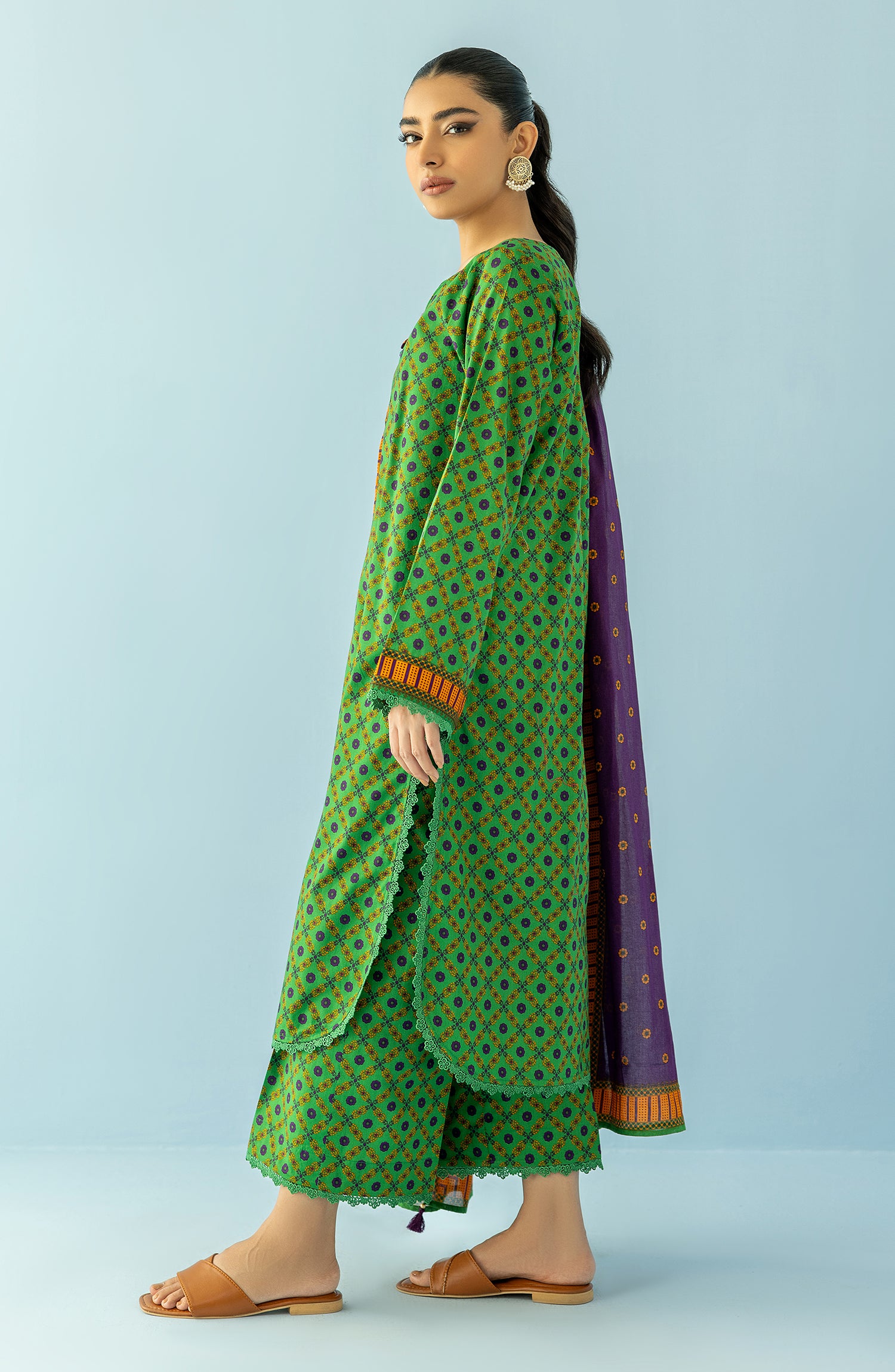 Unstitched 3 Piece Printed Lawn Shirt , Cambric Pant and Lawn Dupatta (OTL-24-092/U GREEN)