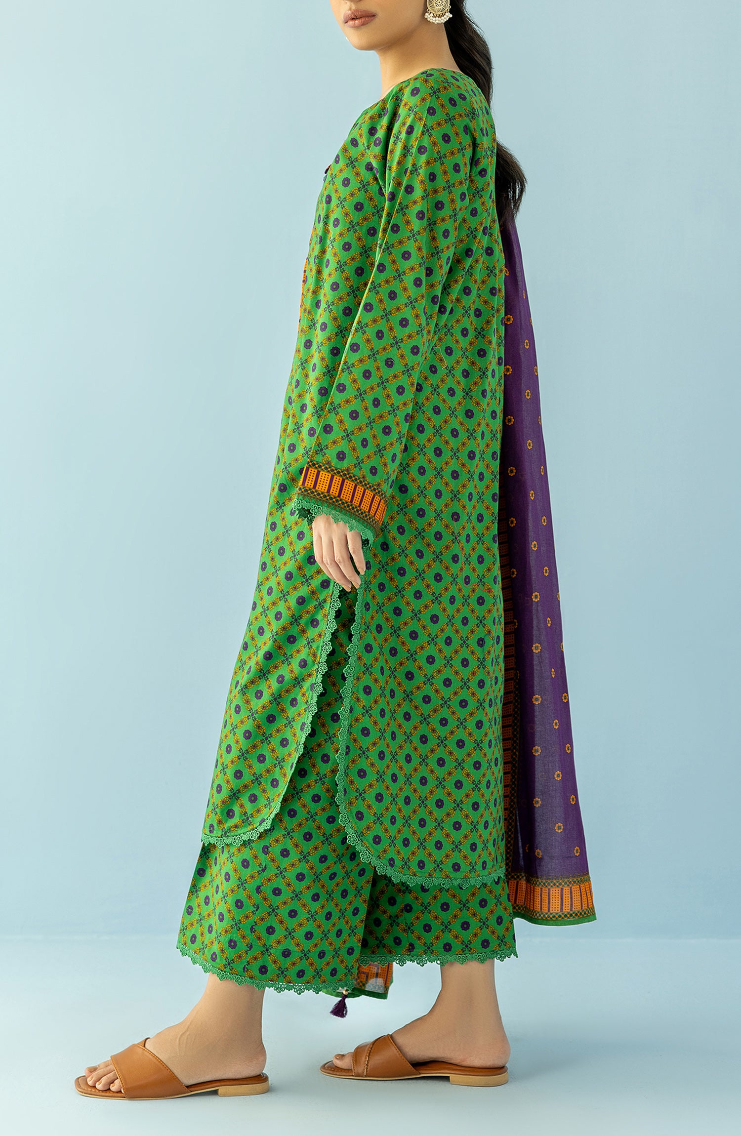 Unstitched 3 Piece Printed Lawn Shirt , Cambric Pant and Lawn Dupatta (OTL-24-092/U GREEN)