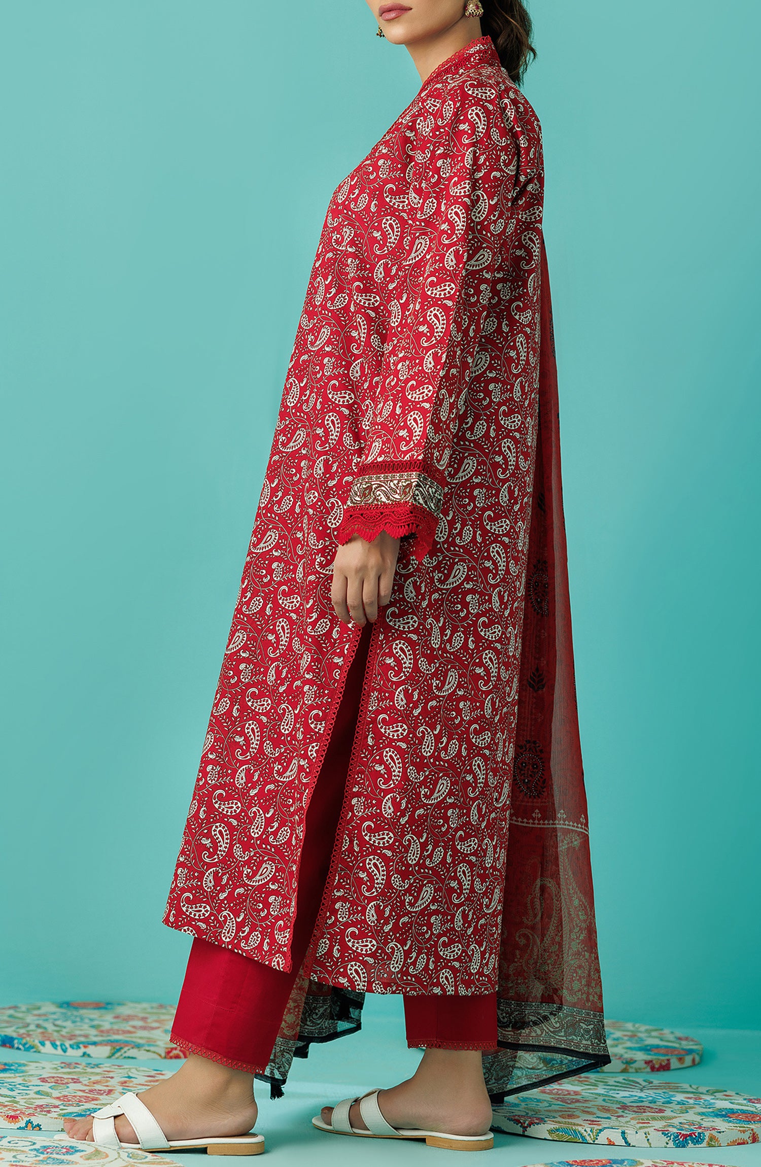 OTL-24-034/U RED LAWN Women UNSTITCHED SHIRT DUPATTA PANTS