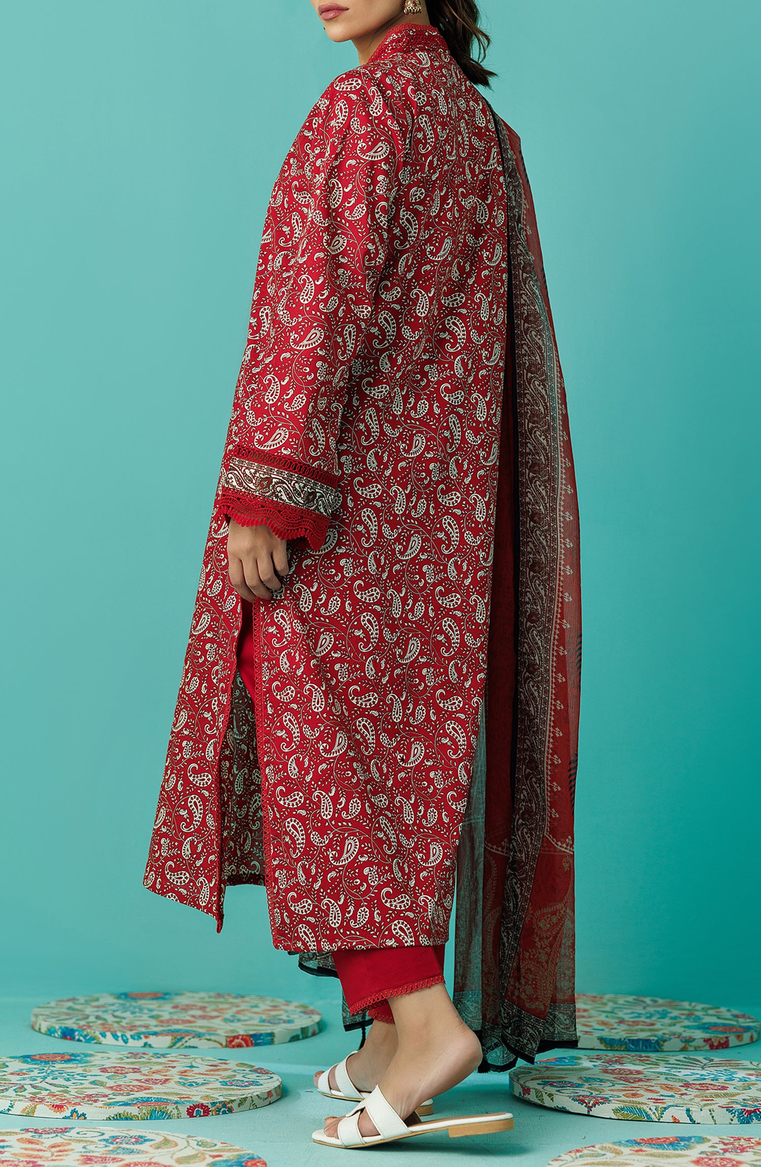 OTL-24-034/U RED LAWN Women UNSTITCHED SHIRT DUPATTA PANTS