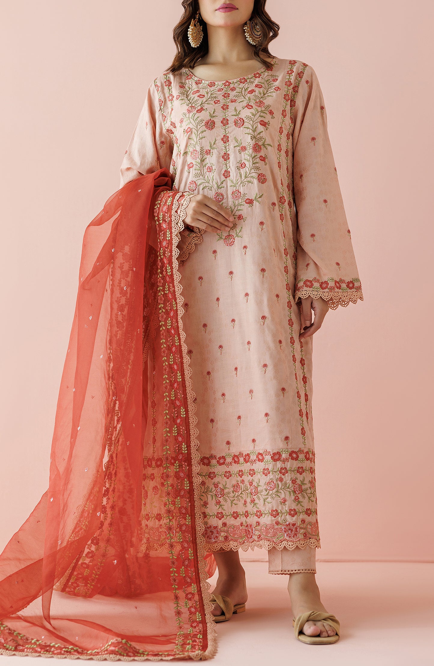 OTL-24-004/U PEACH JACQUARD Women UNSTITCHED SHIRT DUPATTA PANTS