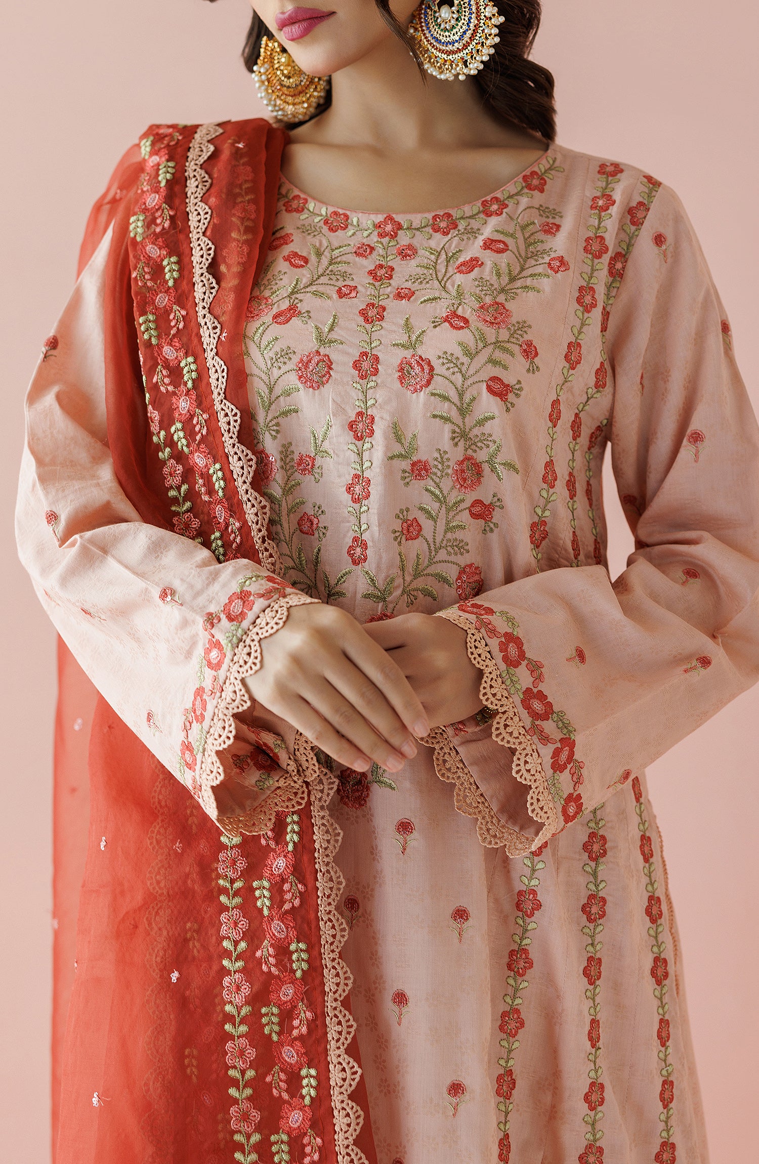 Unstitched 3 Piece Embroidered Jacquard Shirt , Jacquard Pant and Organza Dupatta (OTL-24-004/U PEACH)