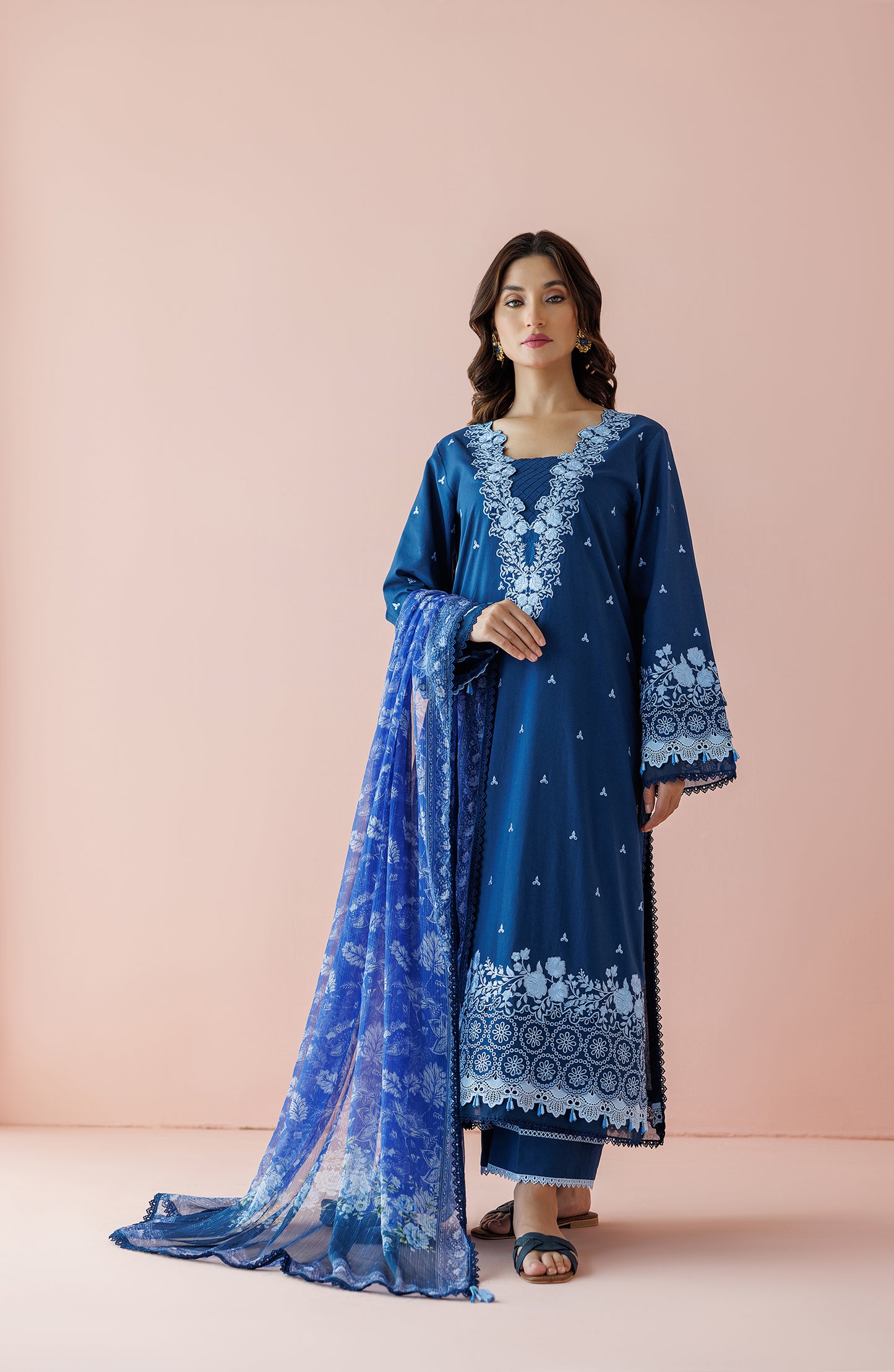 Unstitched 3 Piece Embroidered Lawn Shirt , Cambric Pant and Chiffon Dupatta (OTL-24-033/U BLUE)