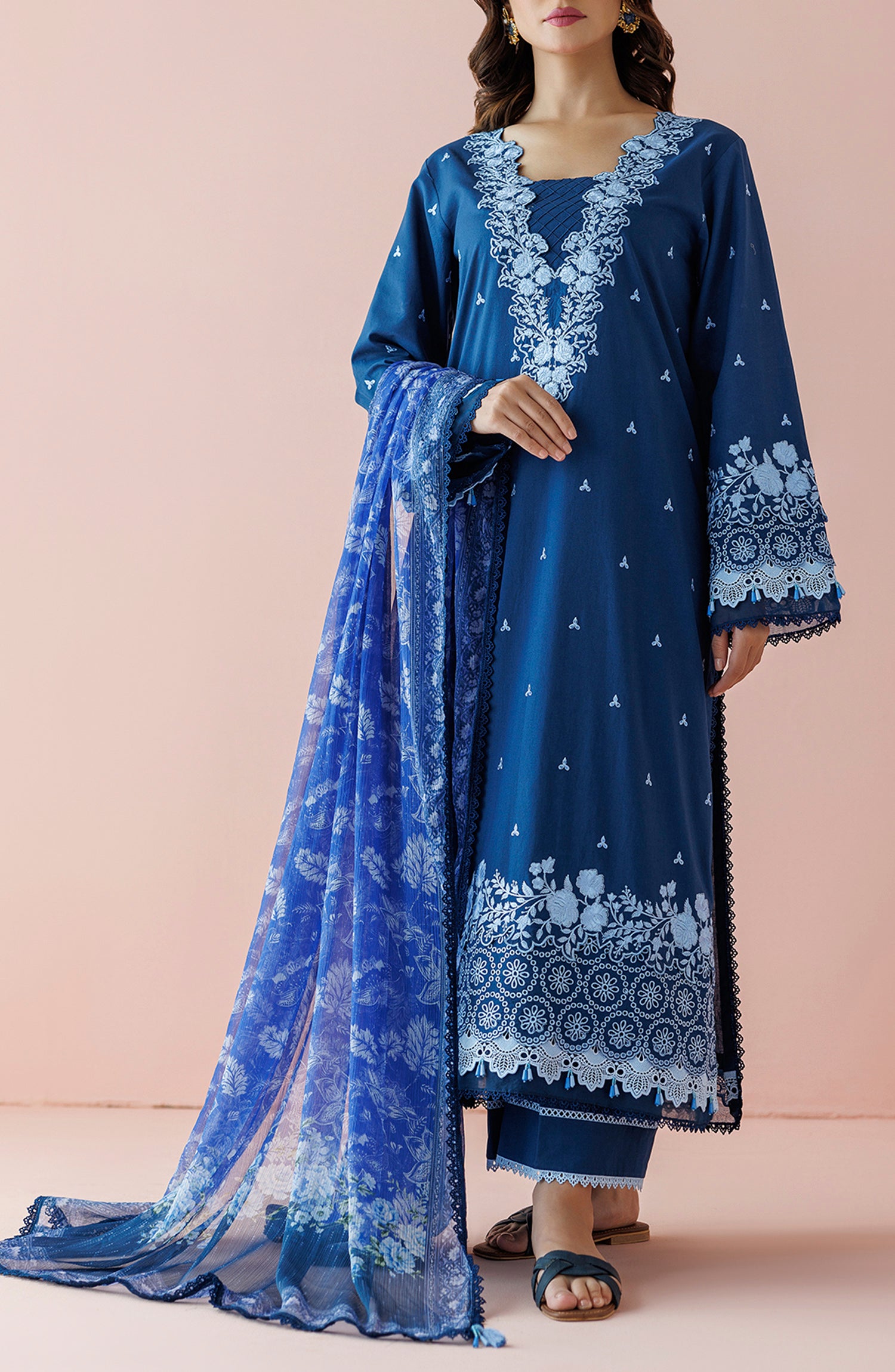 Unstitched 3 Piece Embroidered Lawn Shirt , Cambric Pant and Chiffon Dupatta (OTL-24-033/U BLUE)