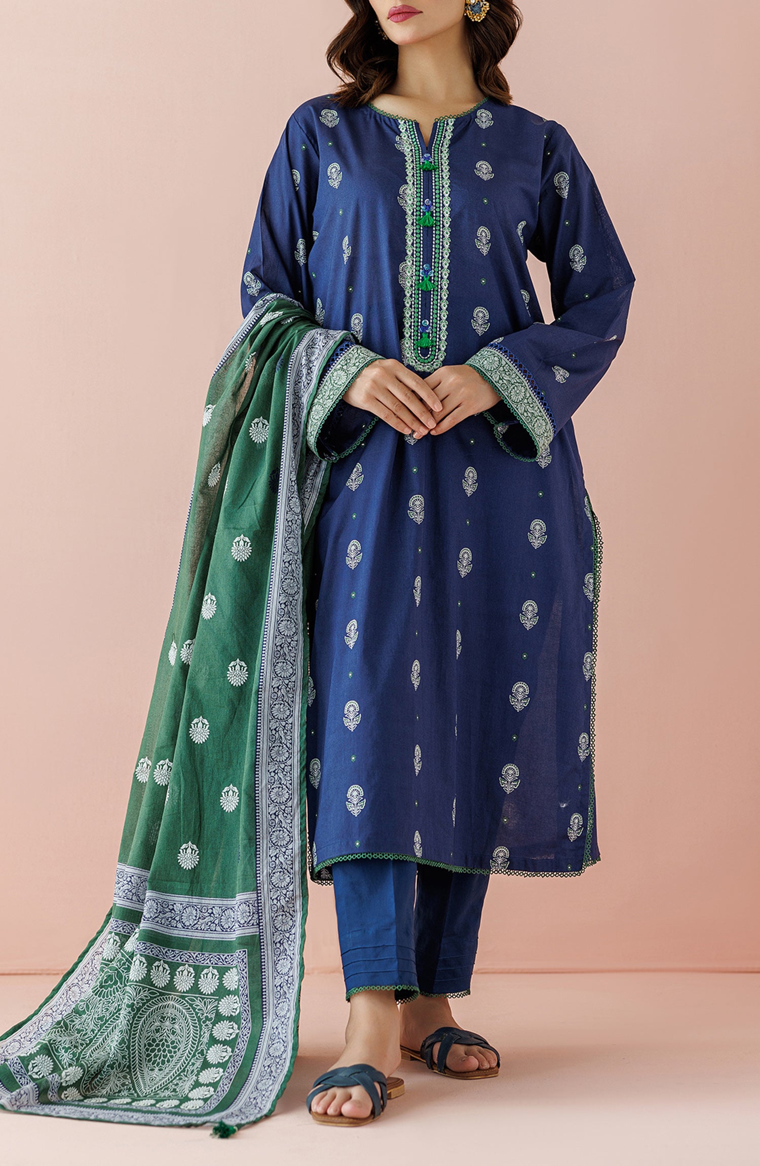 Stitched 3 Piece Premium Embroidered Casual Lawn Shirt , Cambric Pant and Lawn Dupatta (OTL-24-027/S BLUE)