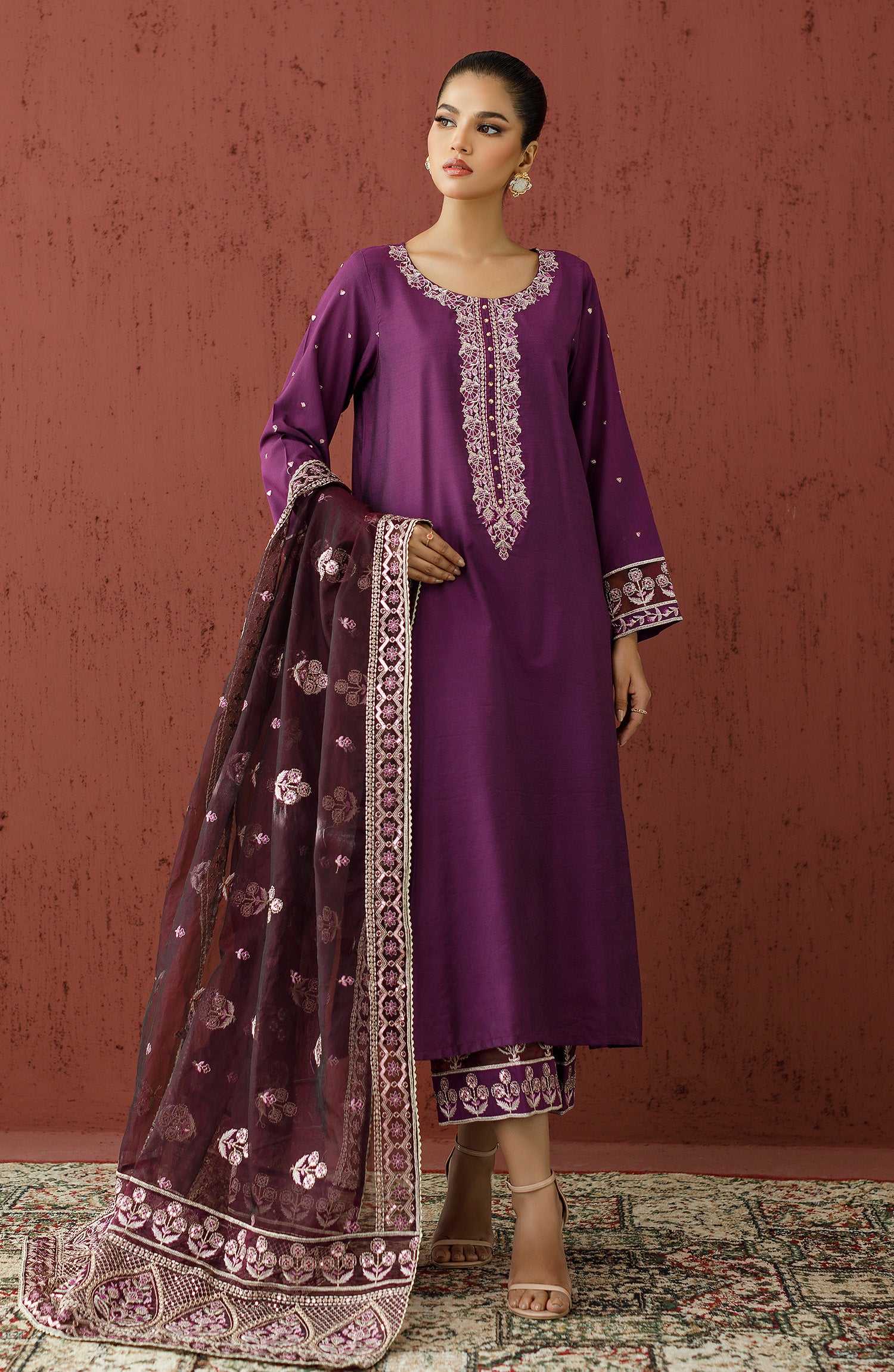 Stitched 3 Piece Embroidered Cotton Silk Shirt , Cotton Silk Pant and Organza Dupatta (WRFC23W-3002)